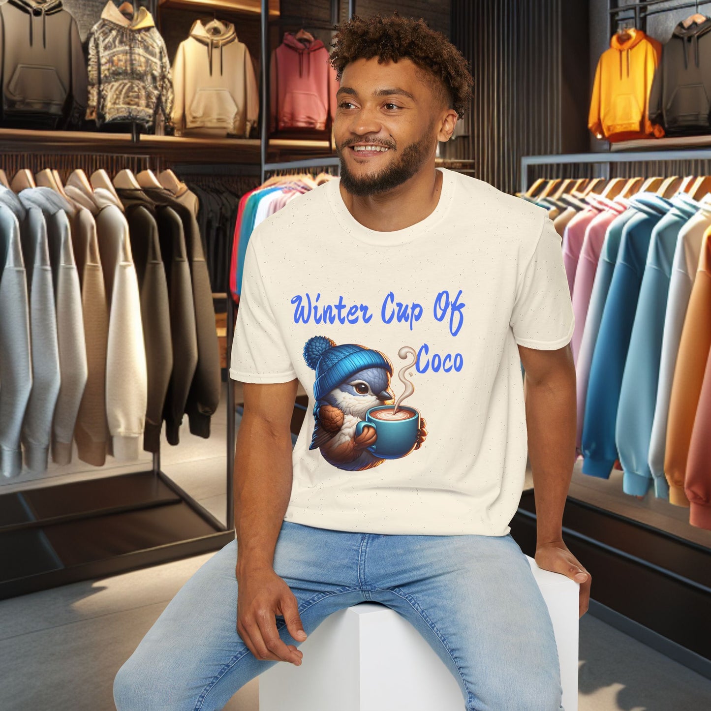 Blue Bird With a Cup Of Coco Unisex T-Shirt - Winter Coco