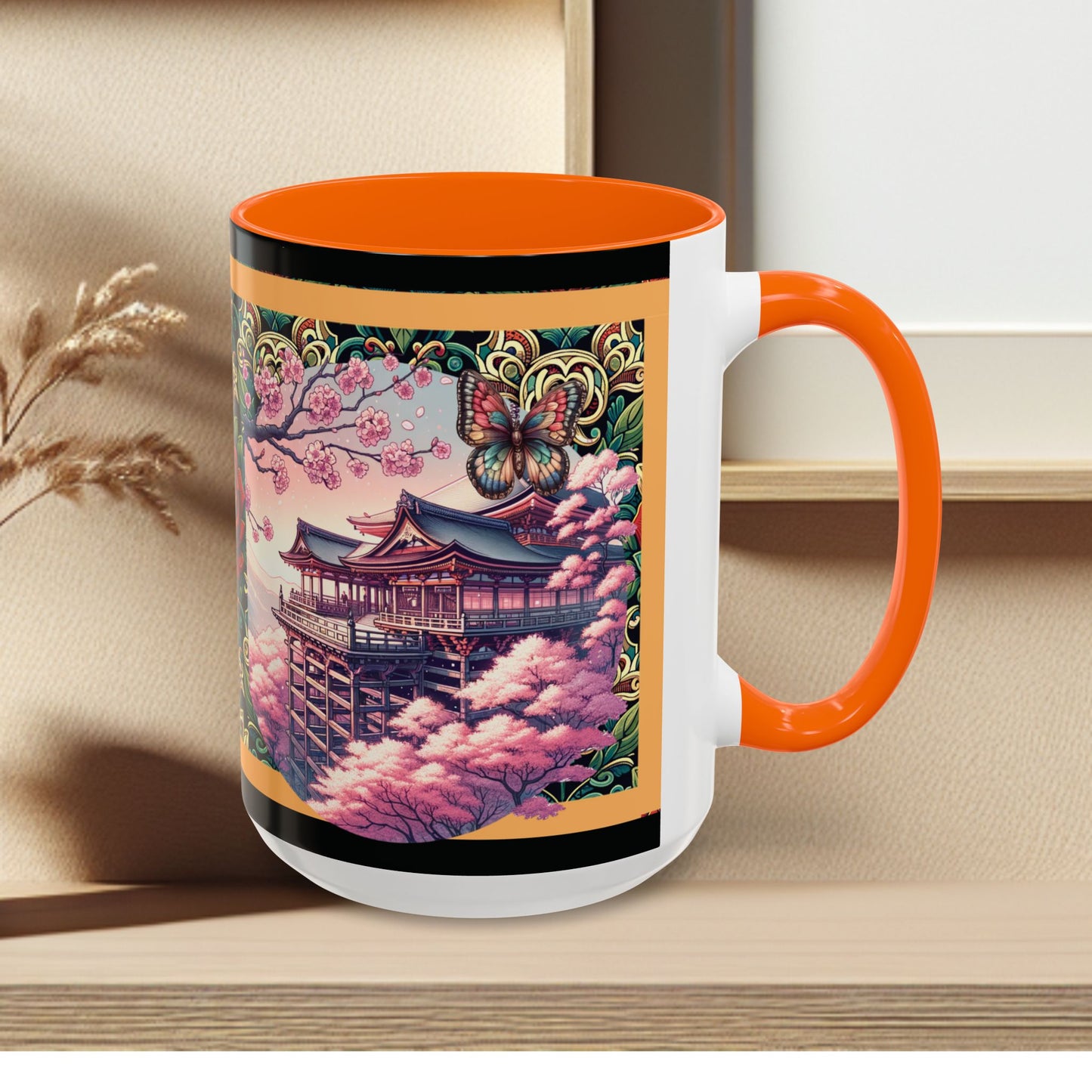 Mug - Sakura Butterfly Coffee Mug with Cherry Blossoms and a Rose