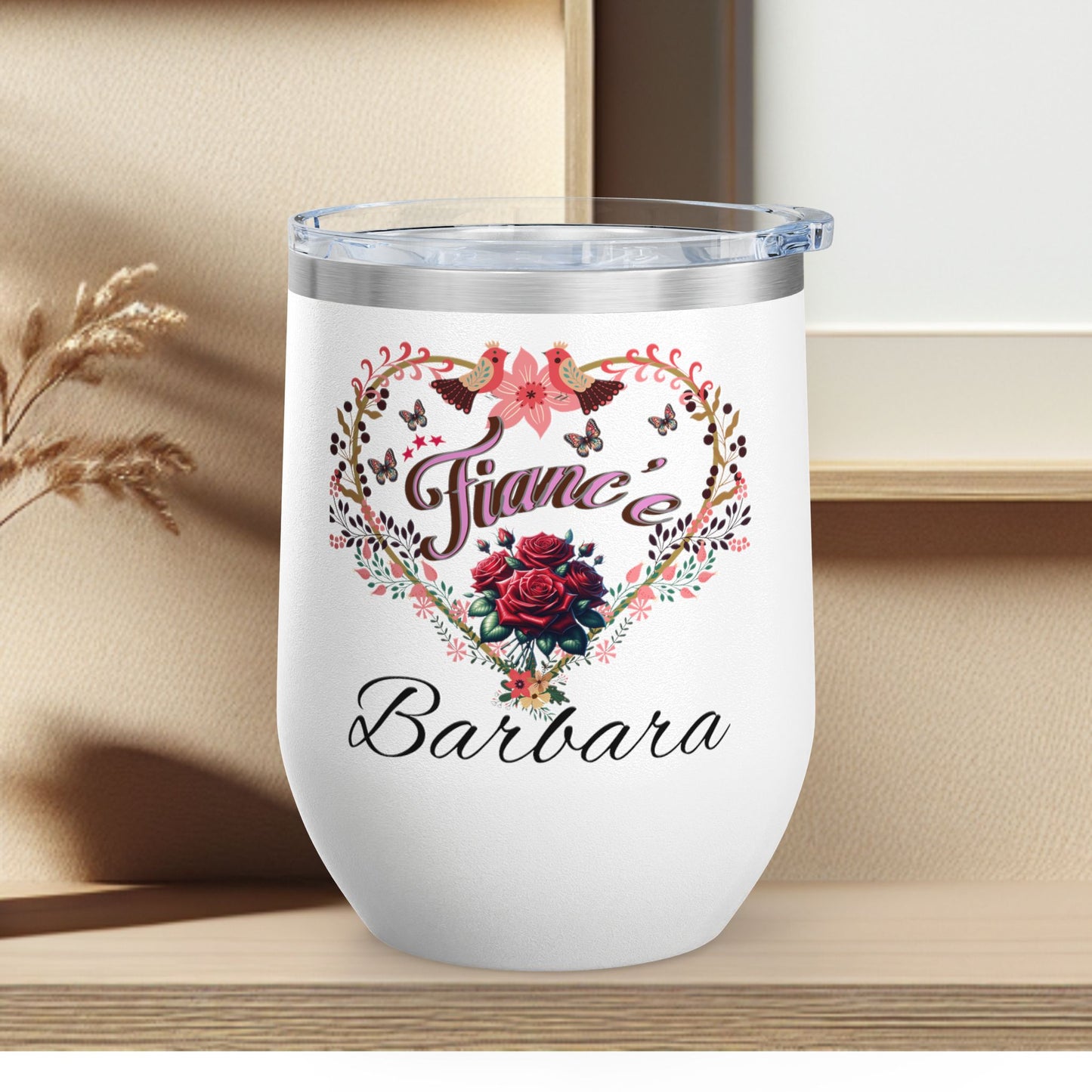 Personalized Fiancé’s Wine Tumbler - 12oz Floral Heart Design
