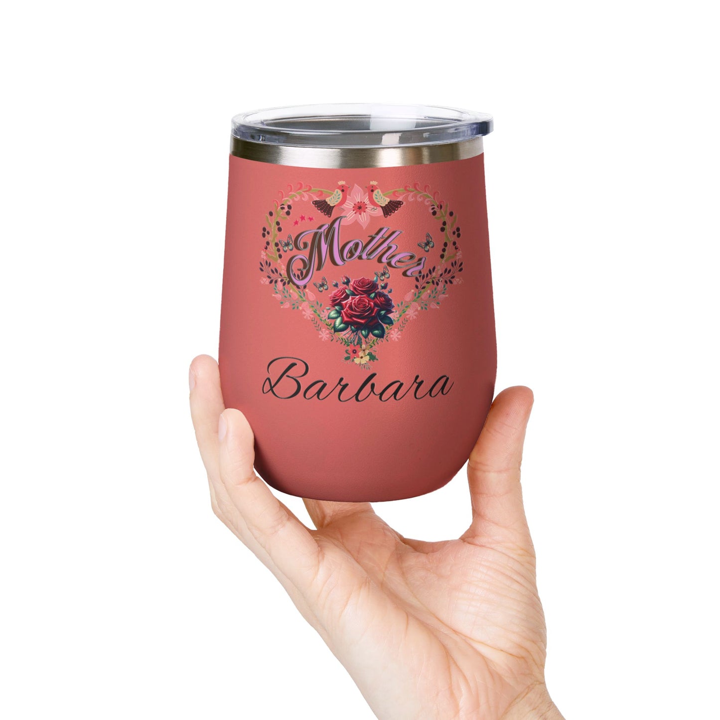 Personalized Mother’s Wine Tumbler - 12oz Floral Heart Design