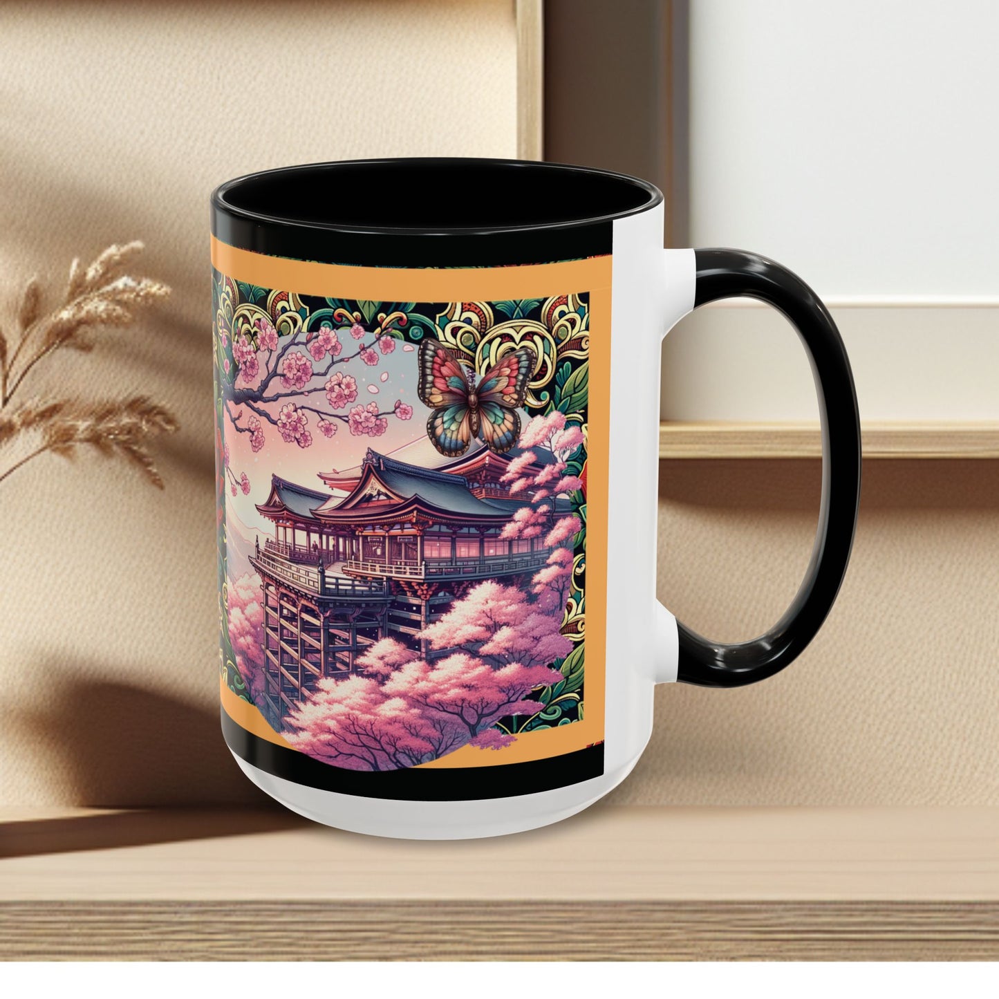 Mug - Sakura Butterfly Coffee Mug with Cherry Blossoms and a Rose