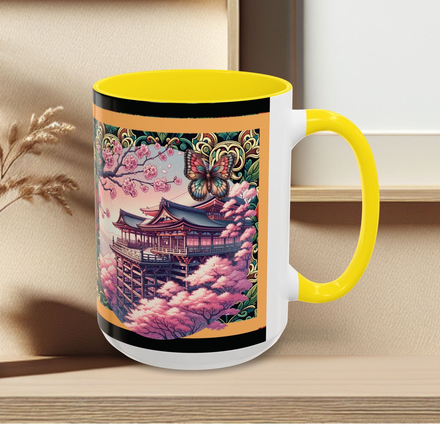 Mug - Sakura Butterfly Coffee Mug with Cherry Blossoms and a Rose