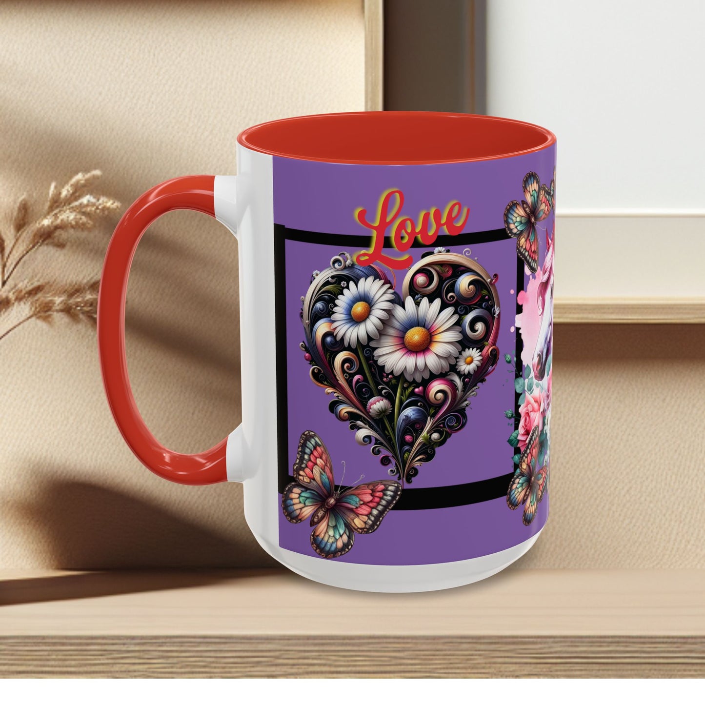 Love Coffee Mug - Vibrant Heart & Horse- Design, 11oz & 15oz