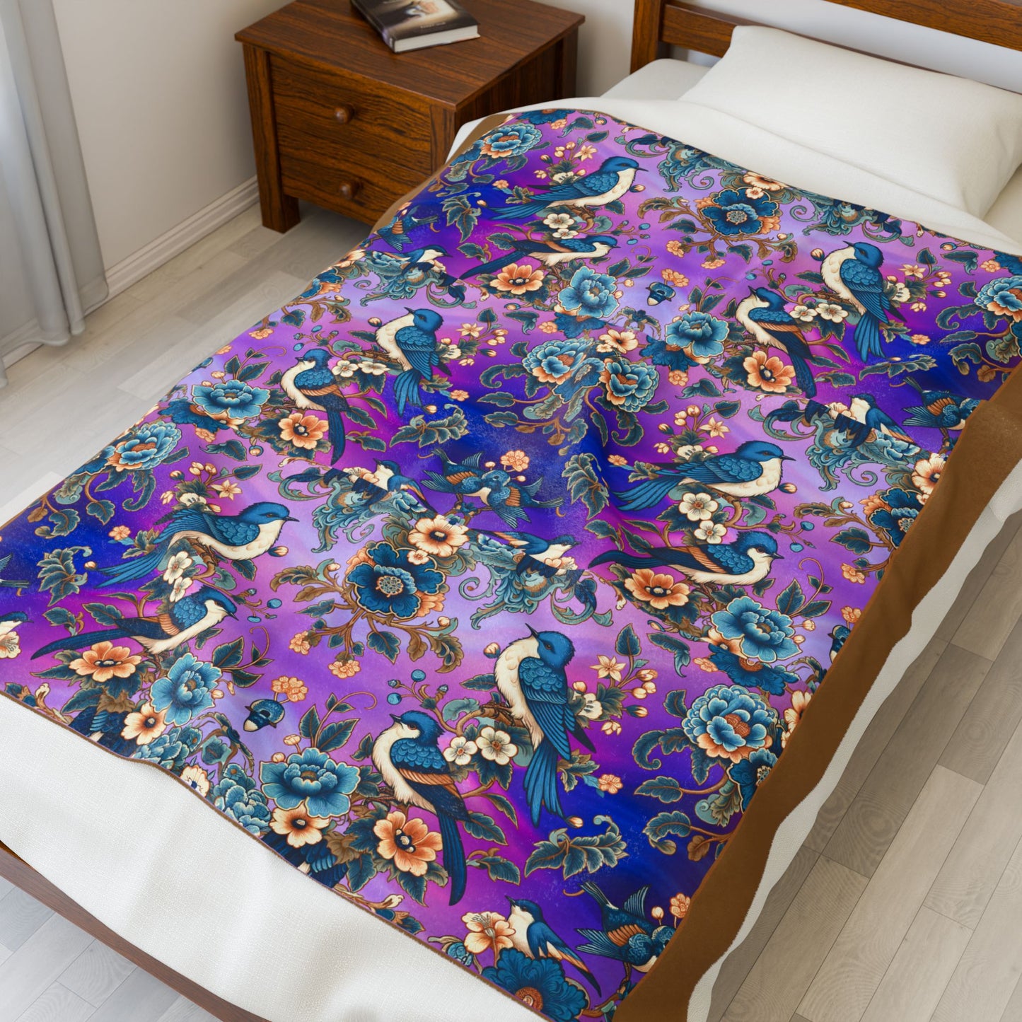 Floral and Blue Birds Velveteen Blanket