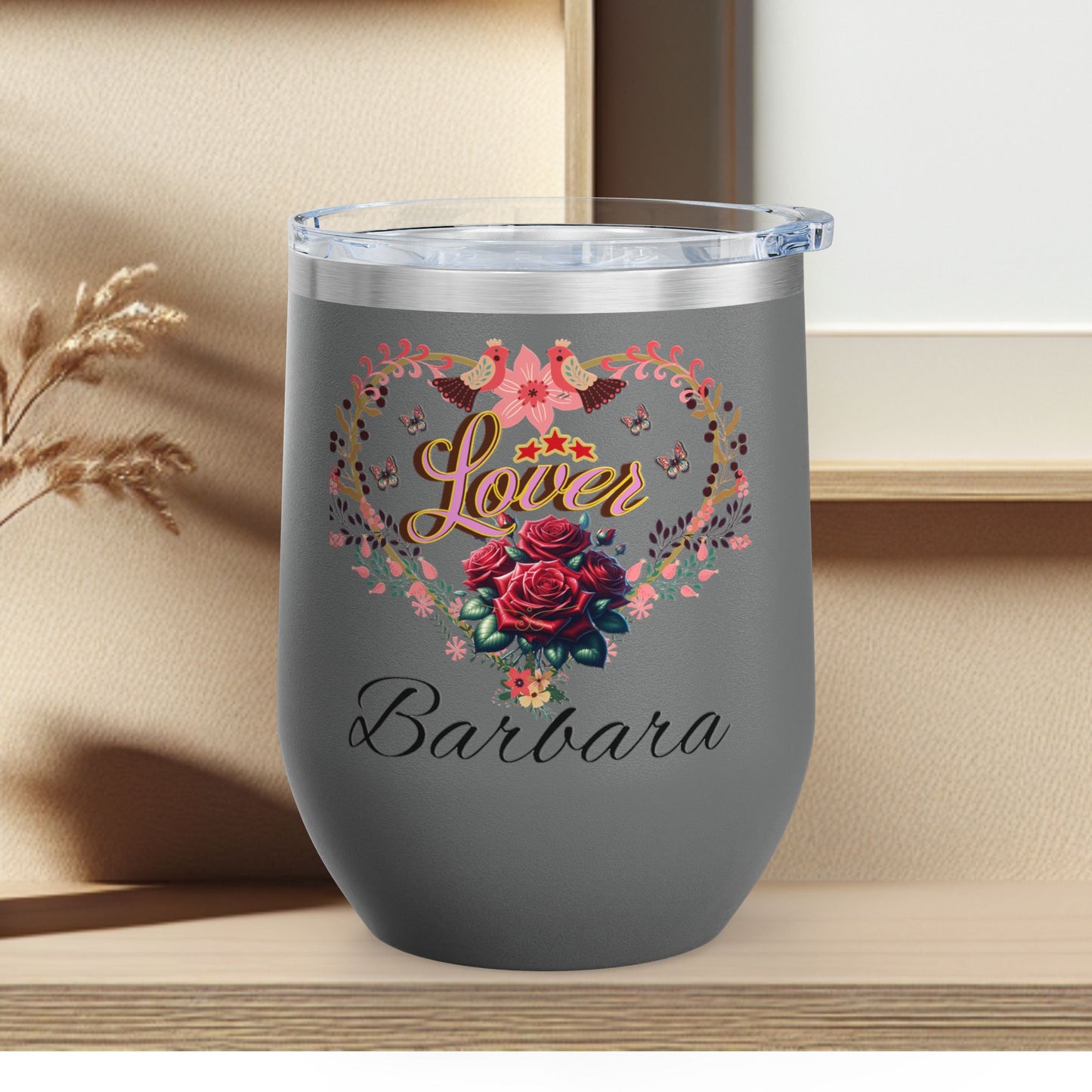 Personalized Lover's Floral Heart Wine Tumbler, 12oz