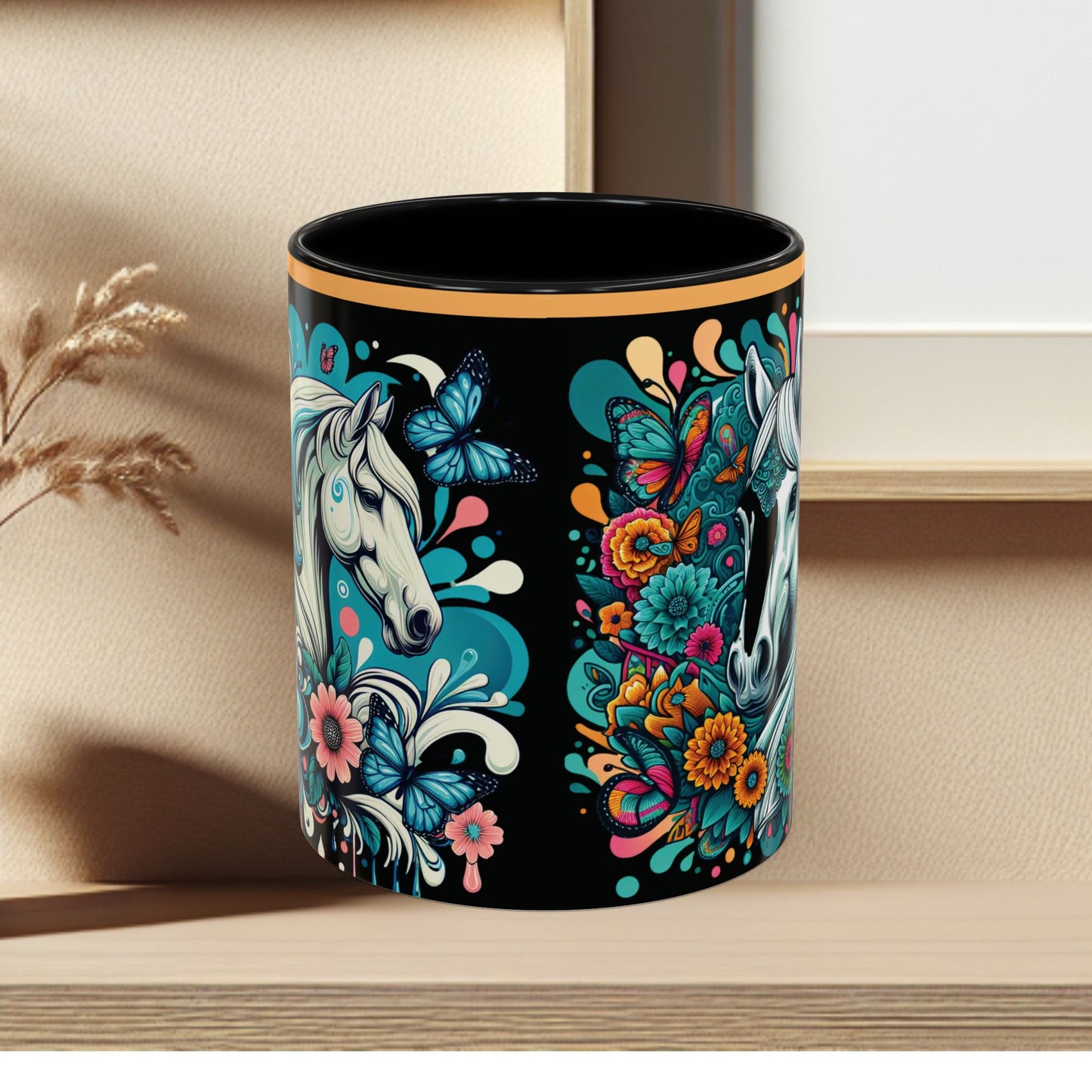 Coffee Mug White Horses with Blue Highlights in Flowers - Mug