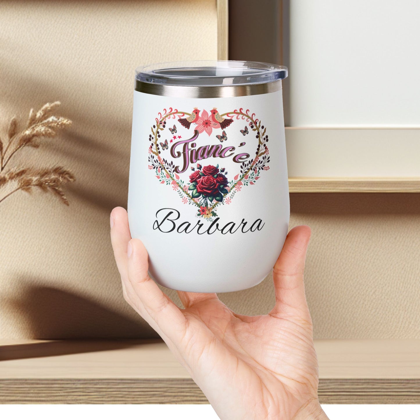 Personalized Fiancé’s Wine Tumbler - 12oz Floral Heart Design