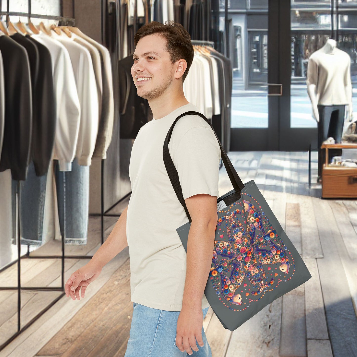 Mosaic Loving Cat Dark Gray Tote Bag (AOP)