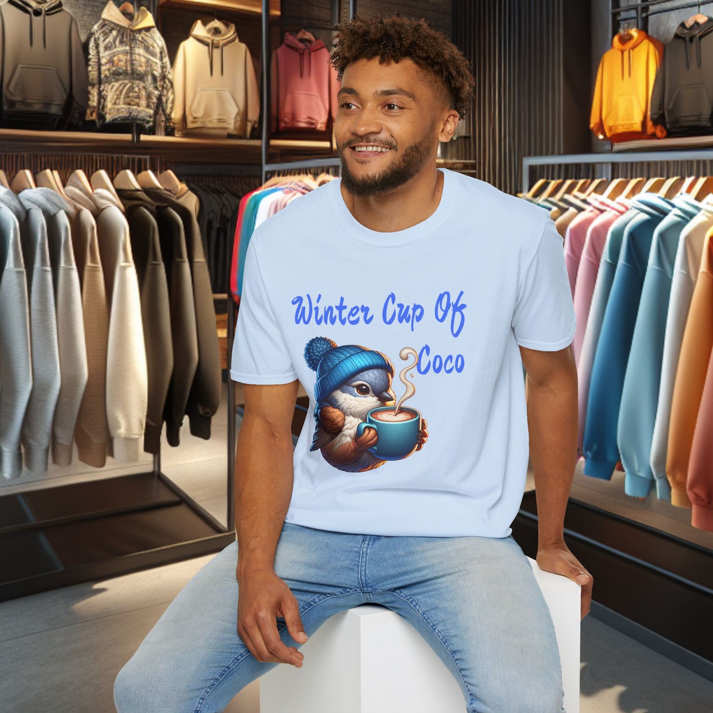 Blue Bird With a Cup Of Coco Unisex T-Shirt - Winter Coco