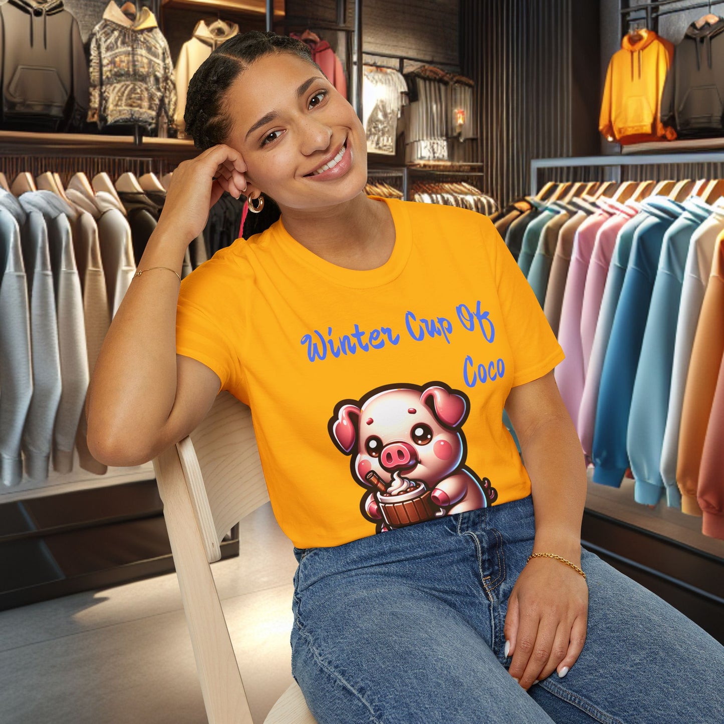 Pig Sipping on a Cup Of Coco Unisex T-Shirt - Winter Coco