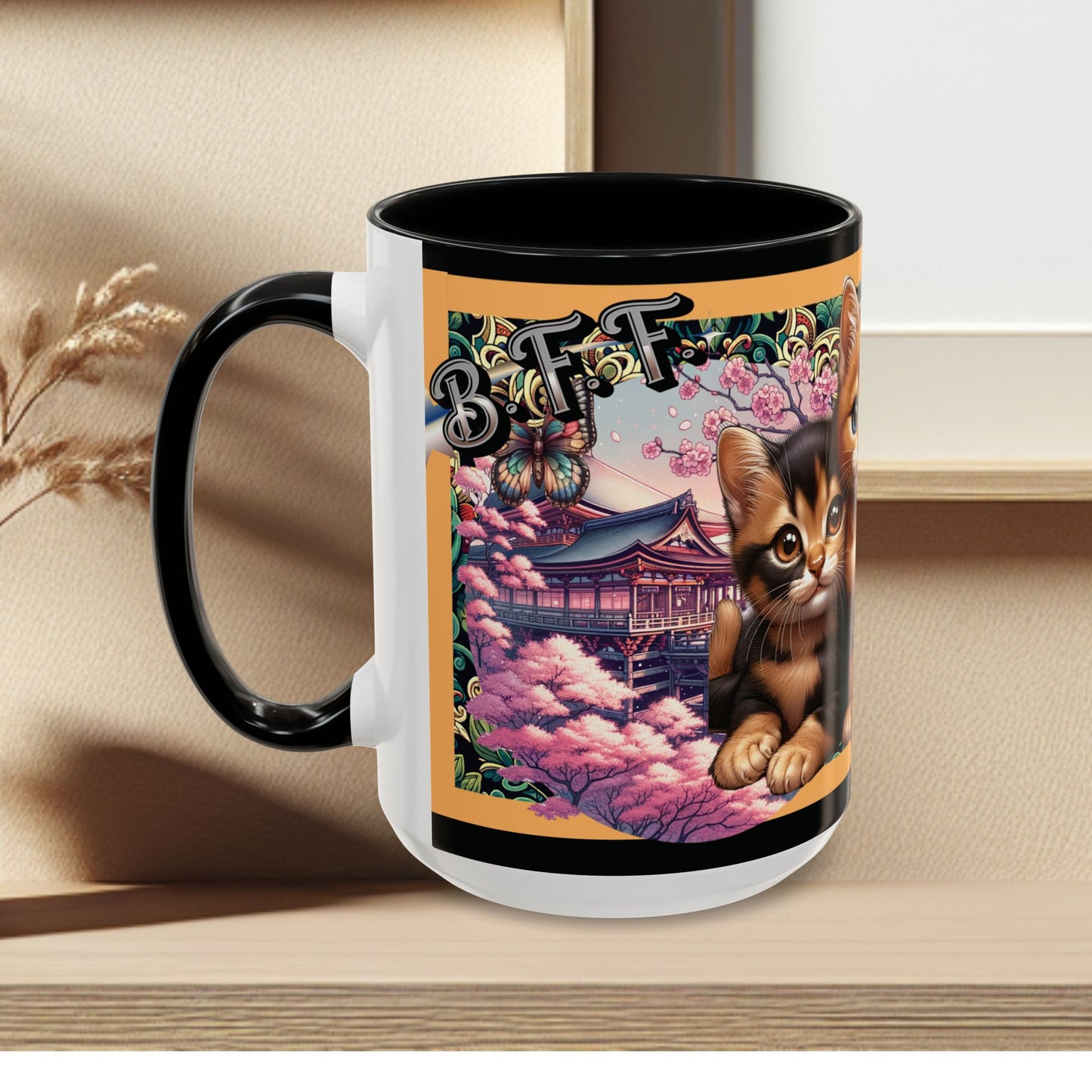 Mug - 3 B F F kittens and Butterflies Coffee Mug with Cherry Blossoms