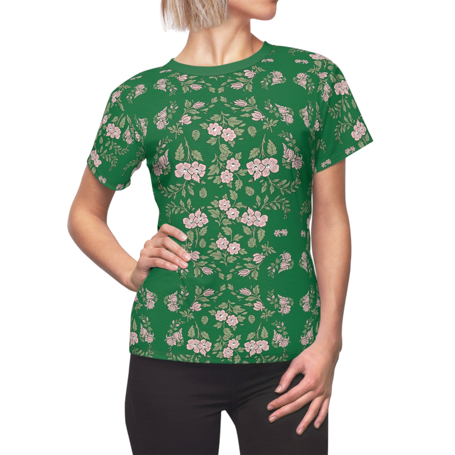 Women's Tee - Green with a pink floral print