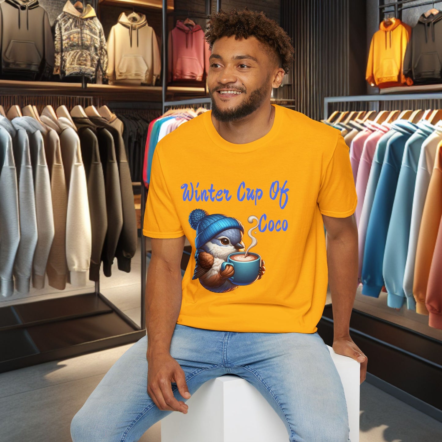 Blue Bird With a Cup Of Coco Unisex T-Shirt - Winter Coco