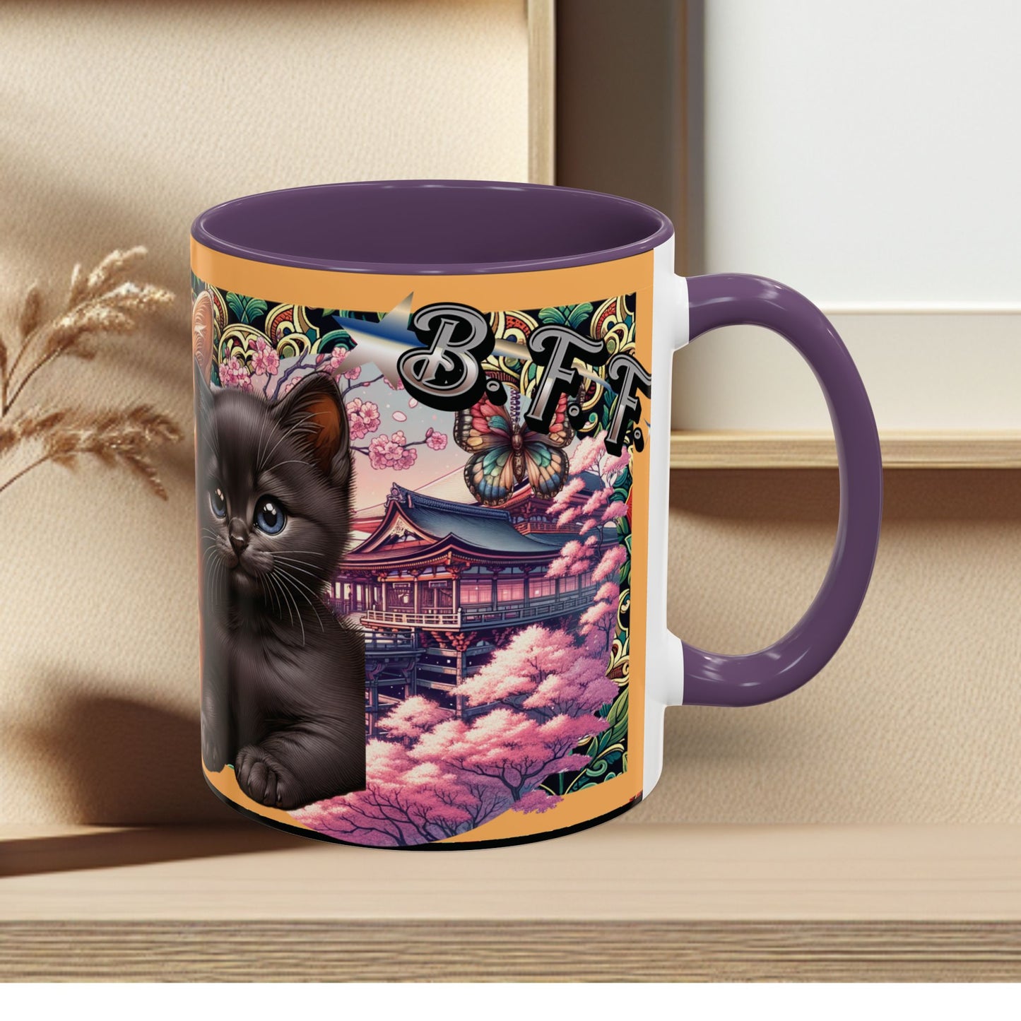 Mug - 3 B F F kittens and Butterflies Coffee Mug with Cherry Blossoms