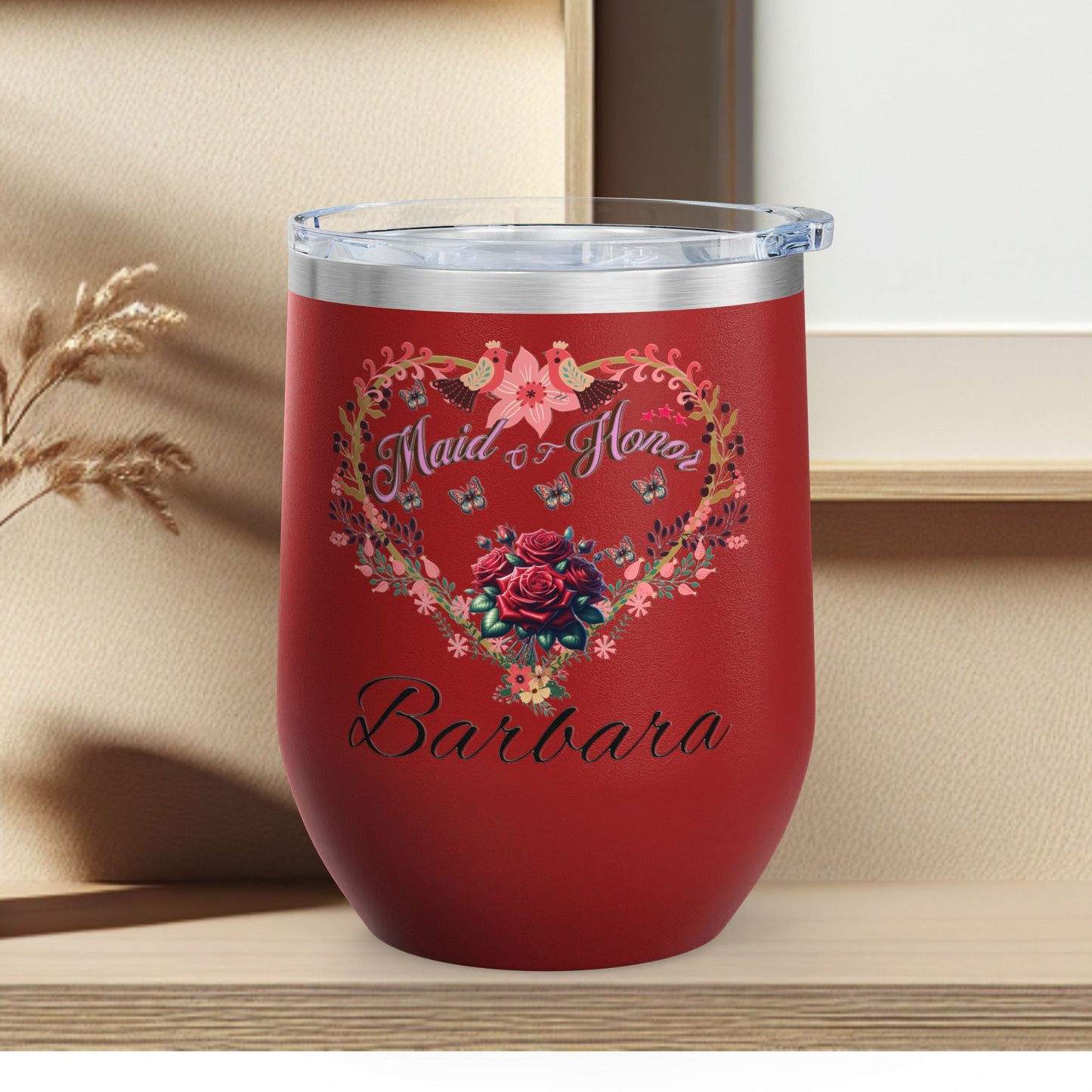 Personalized Maid of honor's Heart Floral Wine Tumbler