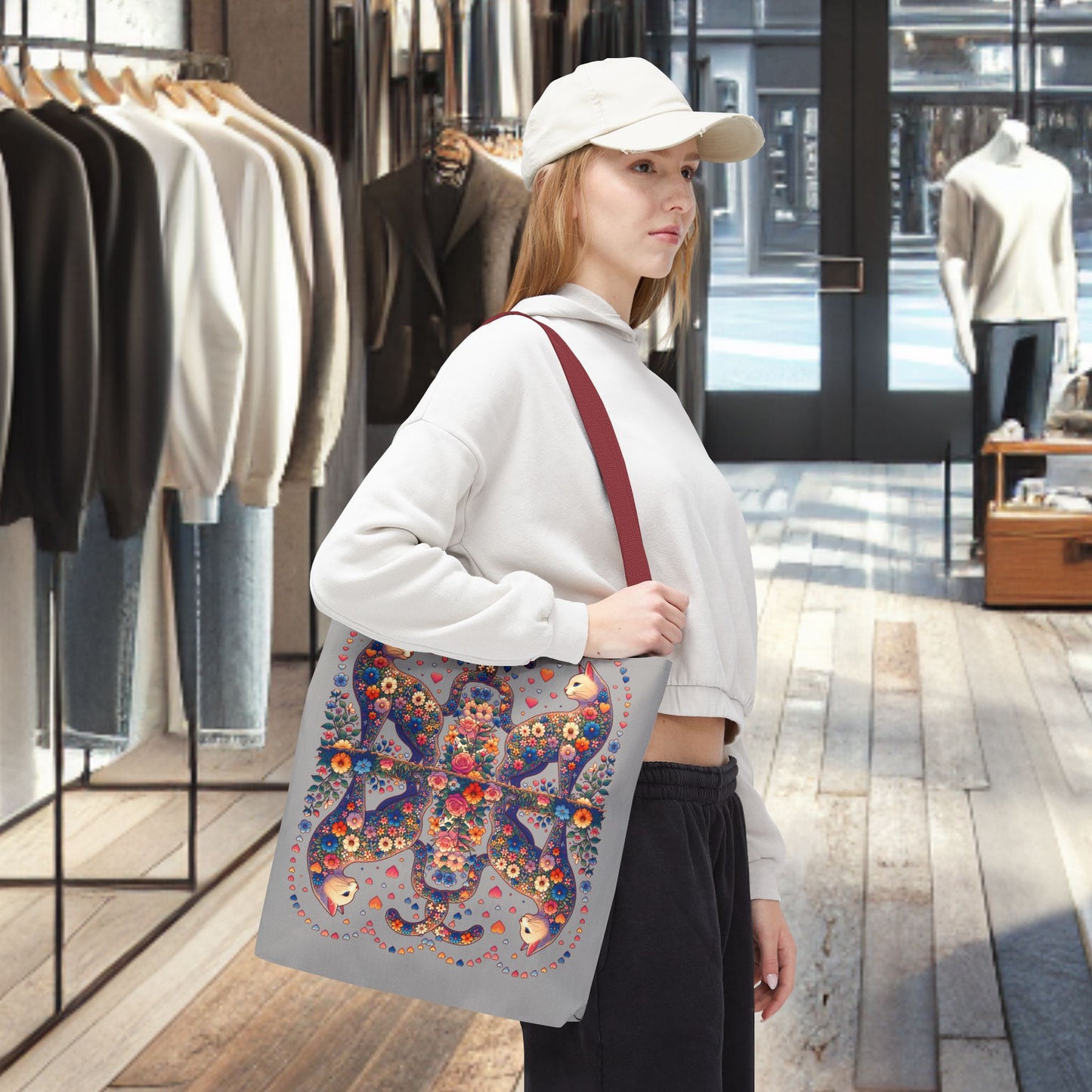 Mosaic Loving Cat Light Gray Tote Bag (AOP)