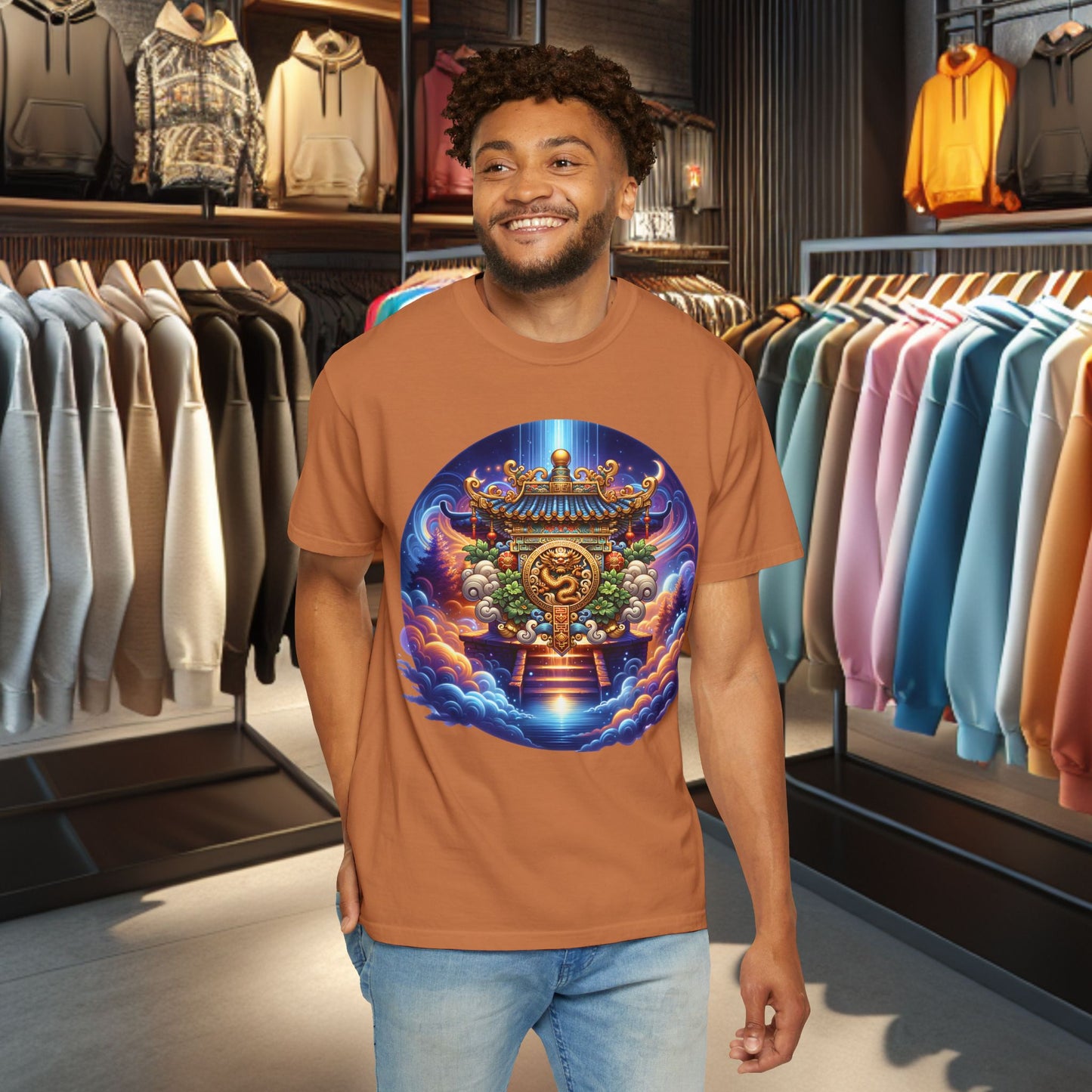 A Vibrant Mistic Temple Design -Unisex Garment-Dyed T-Shirt Perfect for Festivals & Everyday Wear