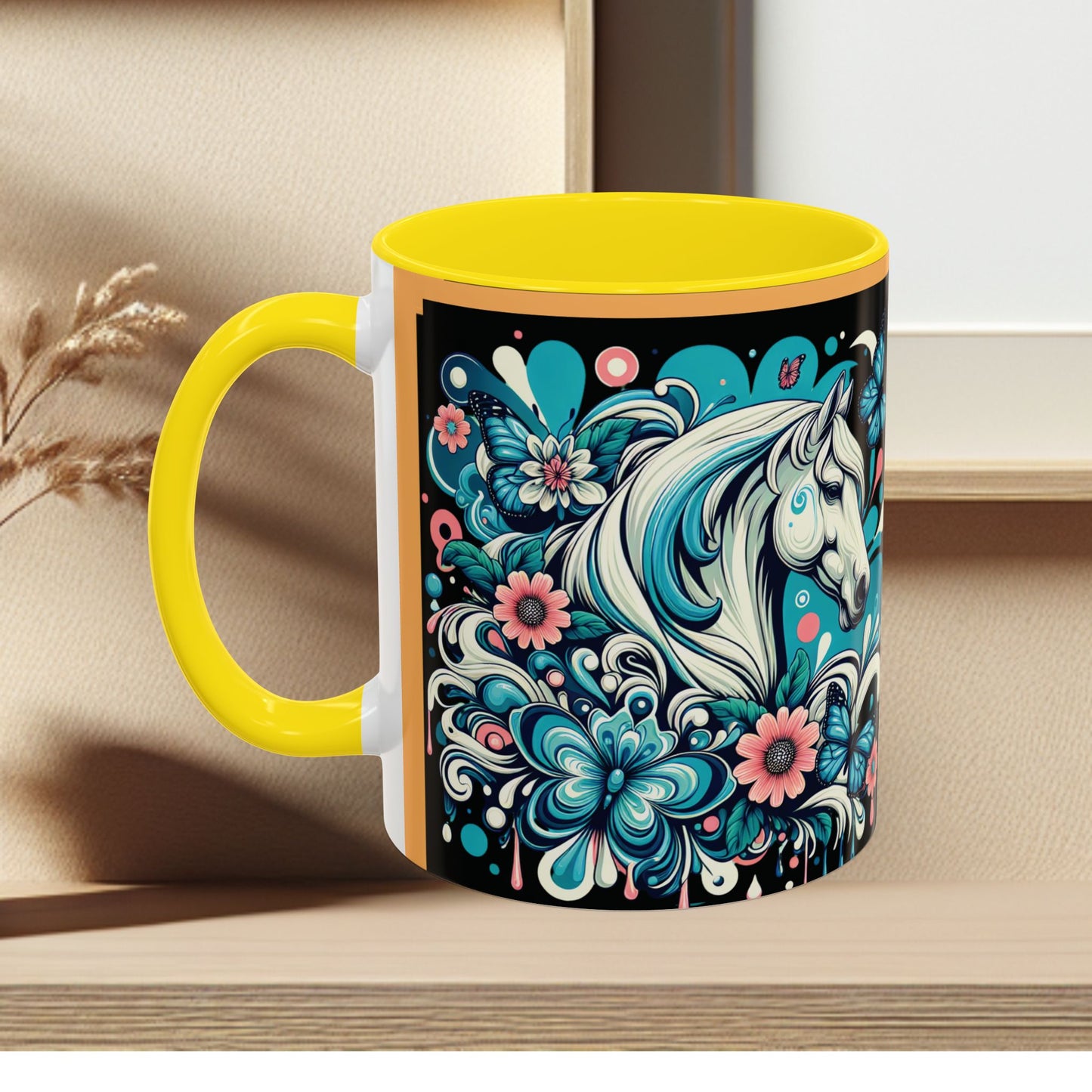 Coffee Mug White Horses with Blue Highlights in Flowers - Mug