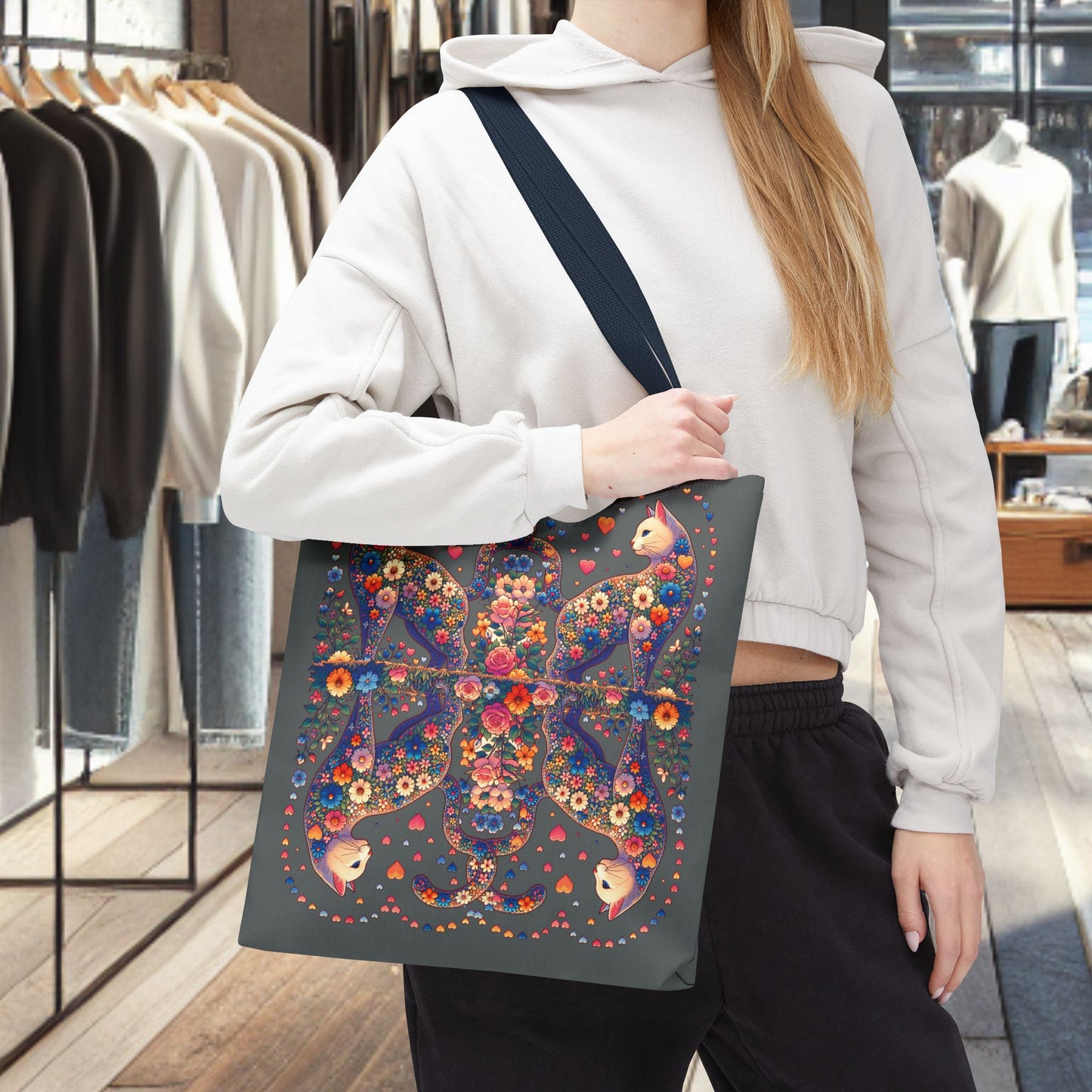 Mosaic Loving Cat Dark Gray Tote Bag (AOP)