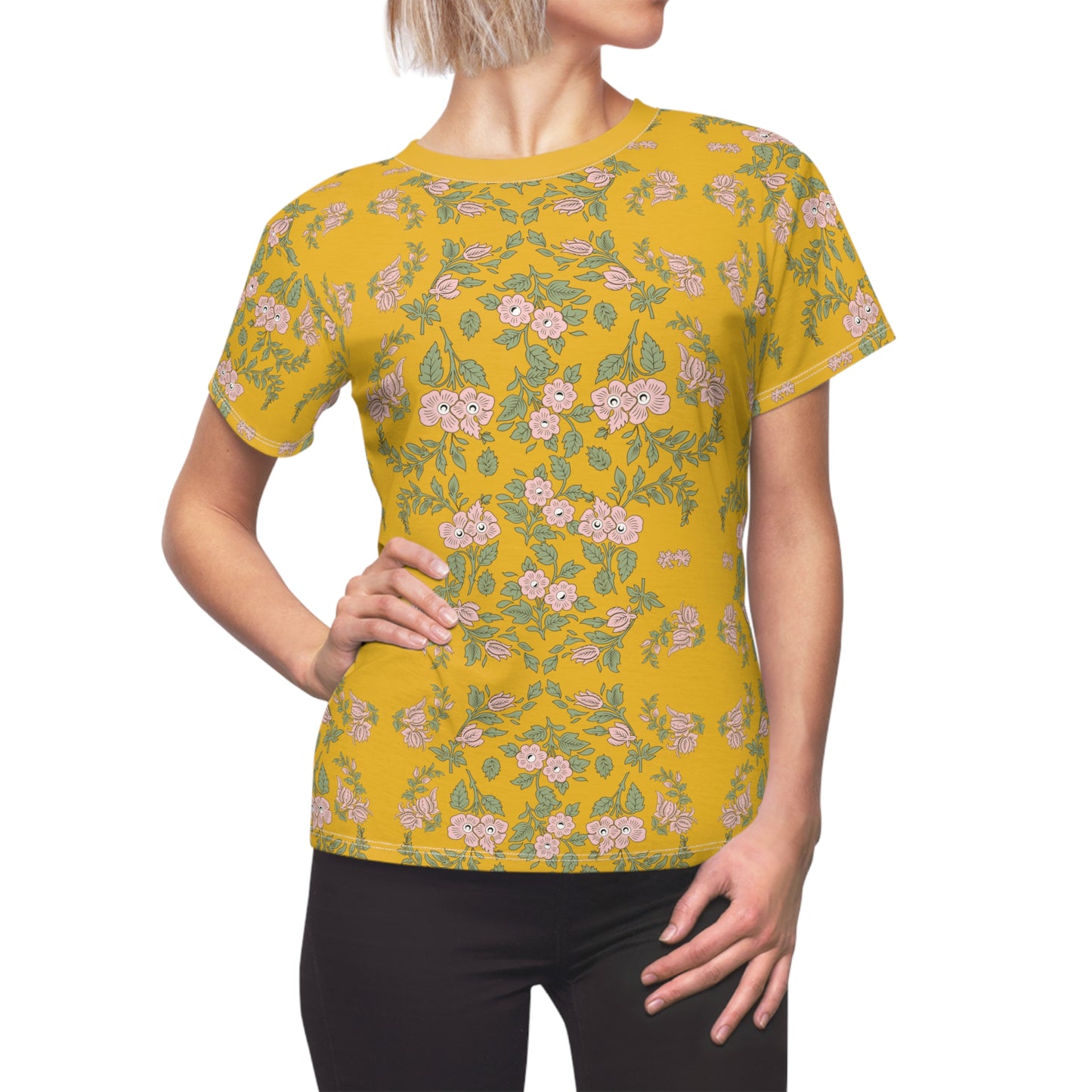 Women's Tee - Yellow with a pink floral print