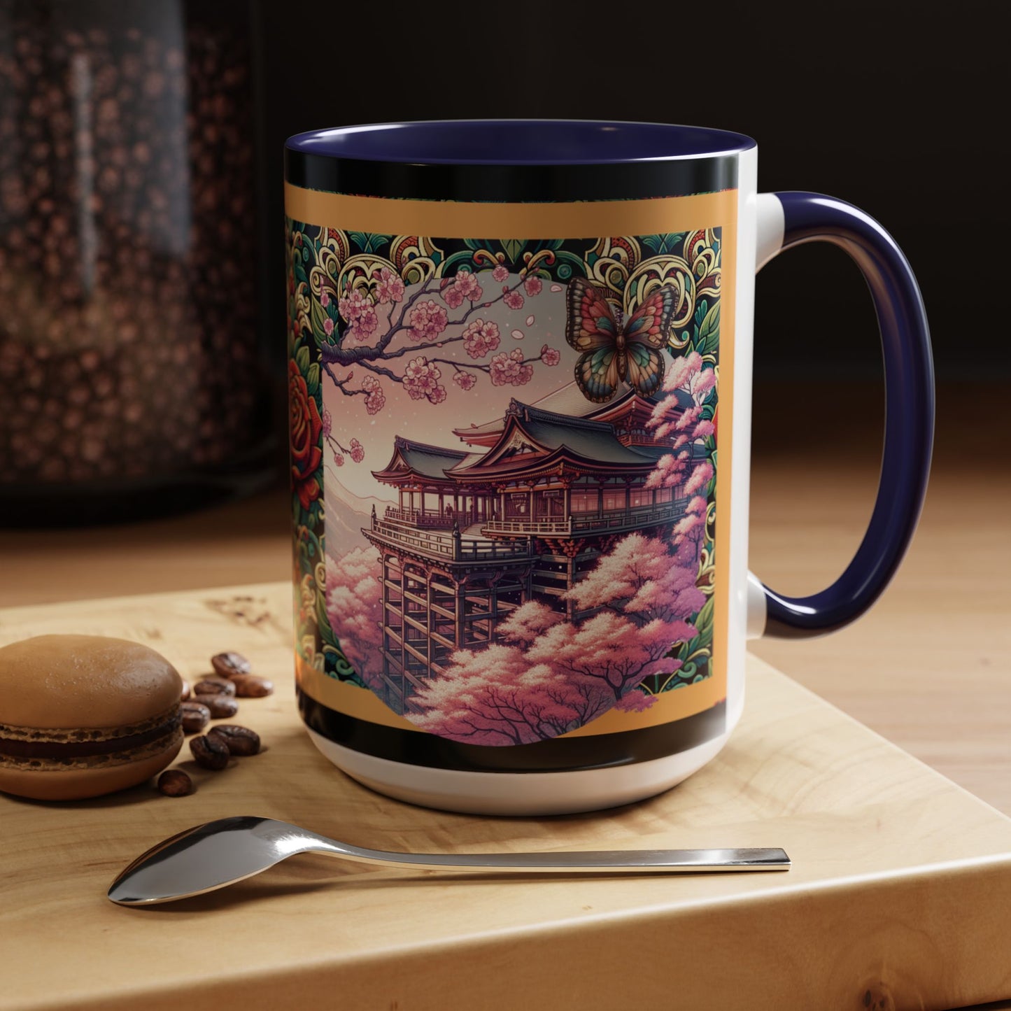 Mug - Sakura Butterfly Coffee Mug with Cherry Blossoms and a Rose