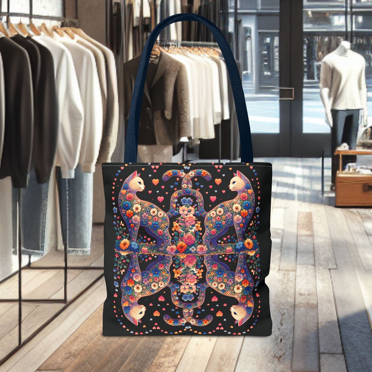 Mosaic Loving Cat Black Tote Bag (AOP)