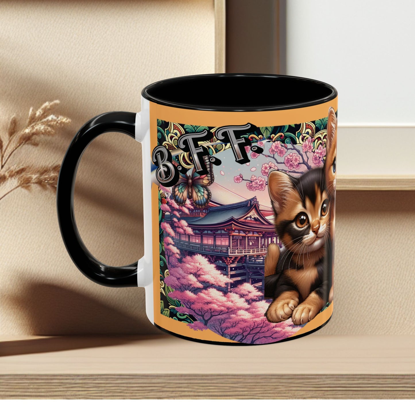 Mug - 3 B F F kittens and Butterflies Coffee Mug with Cherry Blossoms