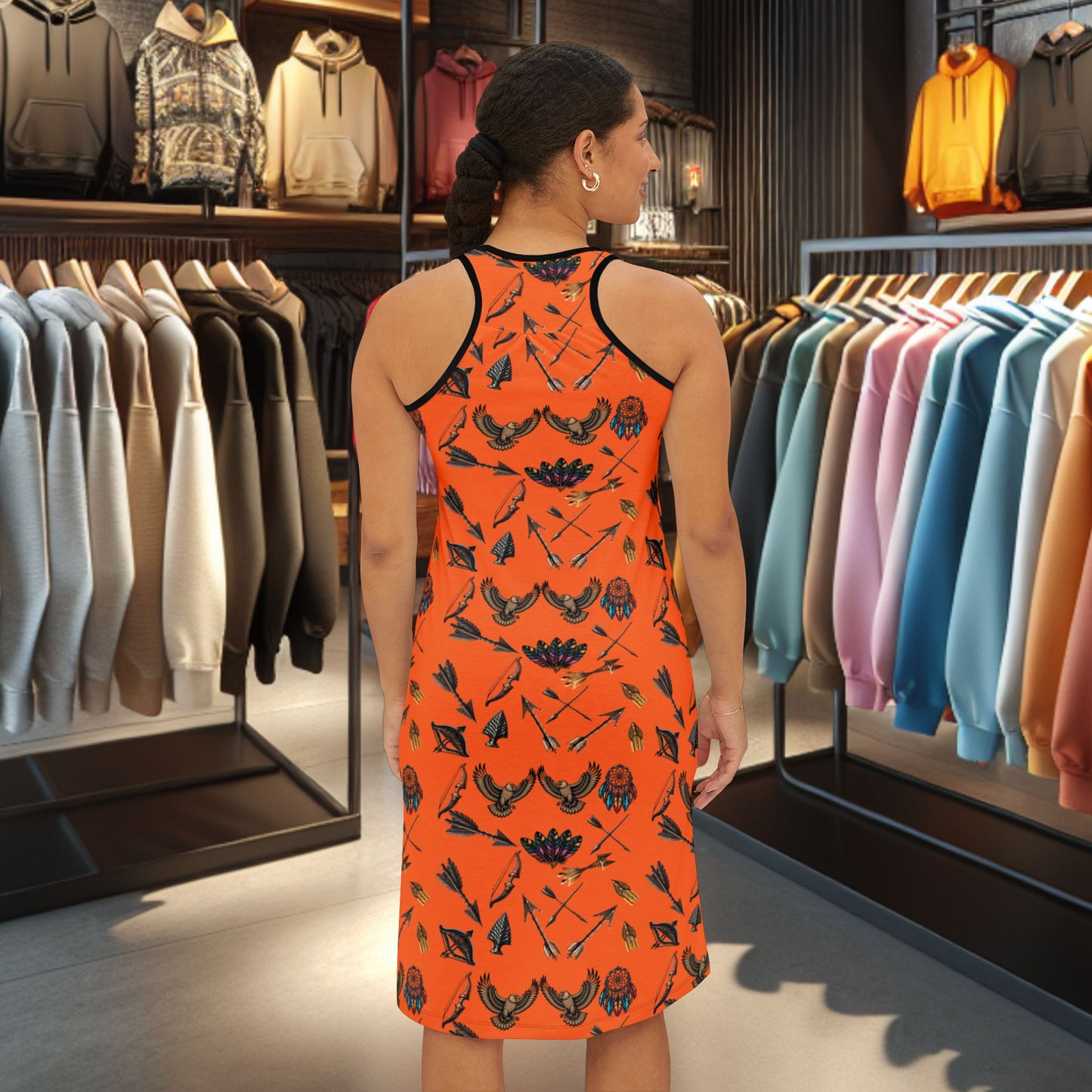 Native Hunting Print Racerback Dress Orange