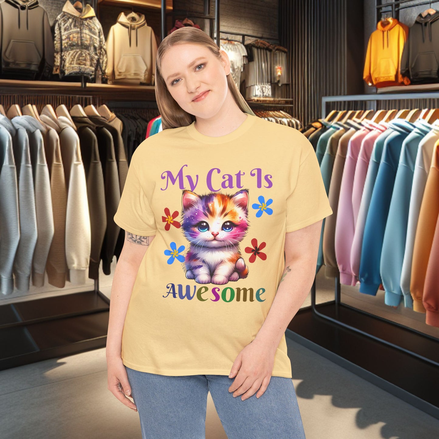 Awesome Cat Heavy Cotton Tee | Cat Lover Gift | Colorful Fun Shirt | Cute Animal Apparel | Perfect for Birthdays & Pet Lovers