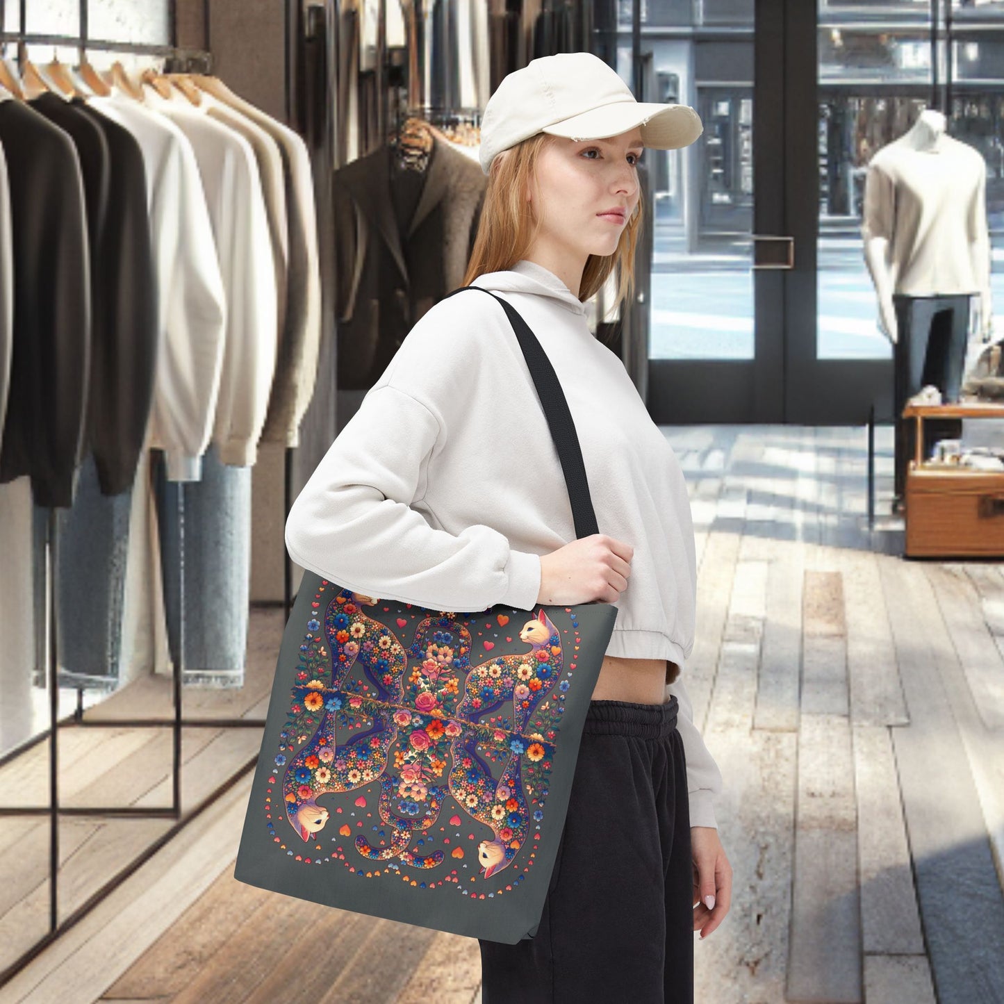 Mosaic Loving Cat Dark Gray Tote Bag (AOP)
