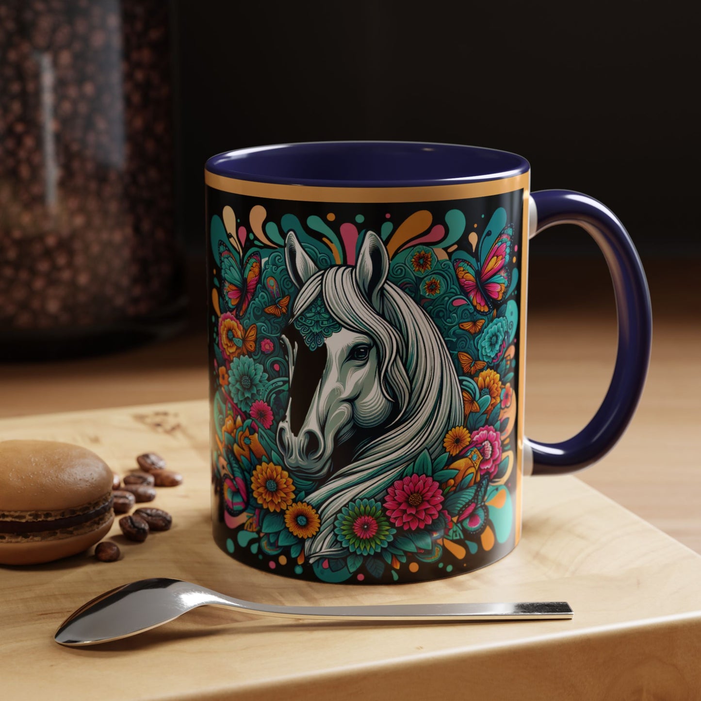Coffee Mug White Horses with Blue Highlights in Flowers - Mug