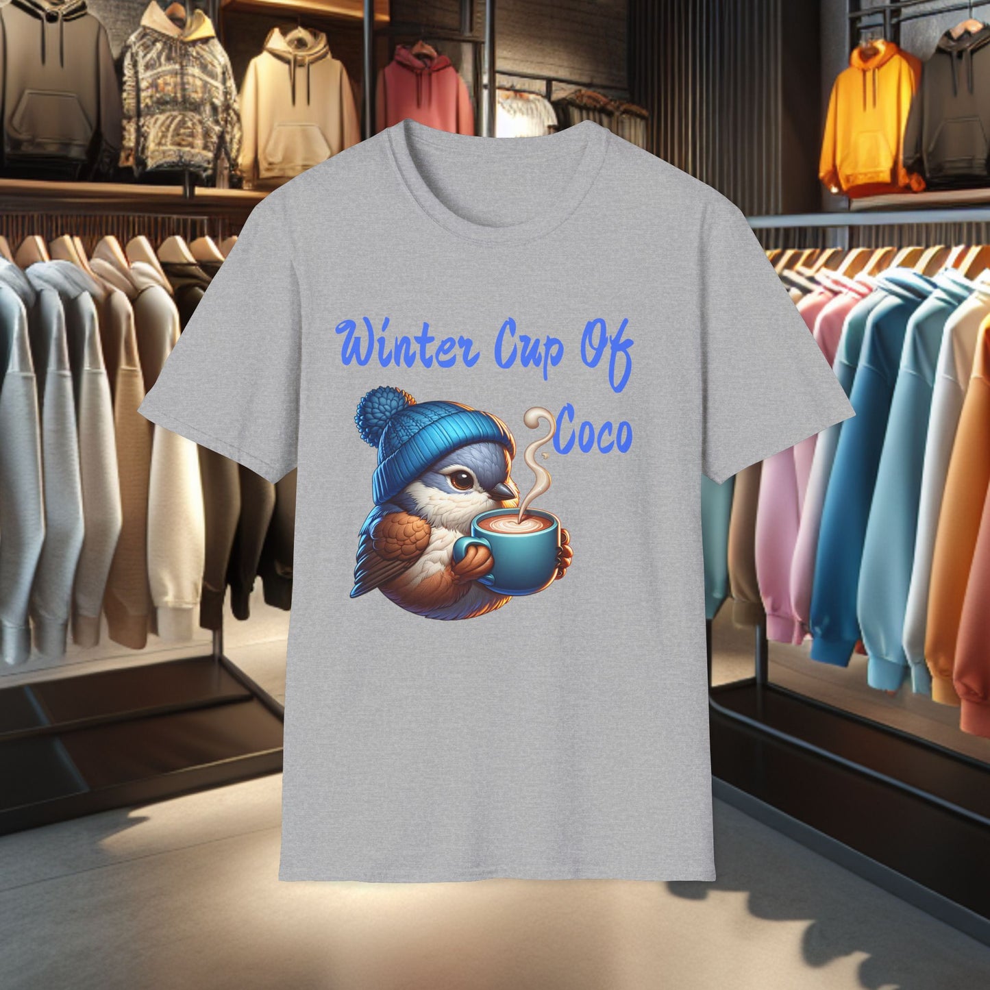 Blue Bird With a Cup Of Coco Unisex T-Shirt - Winter Coco