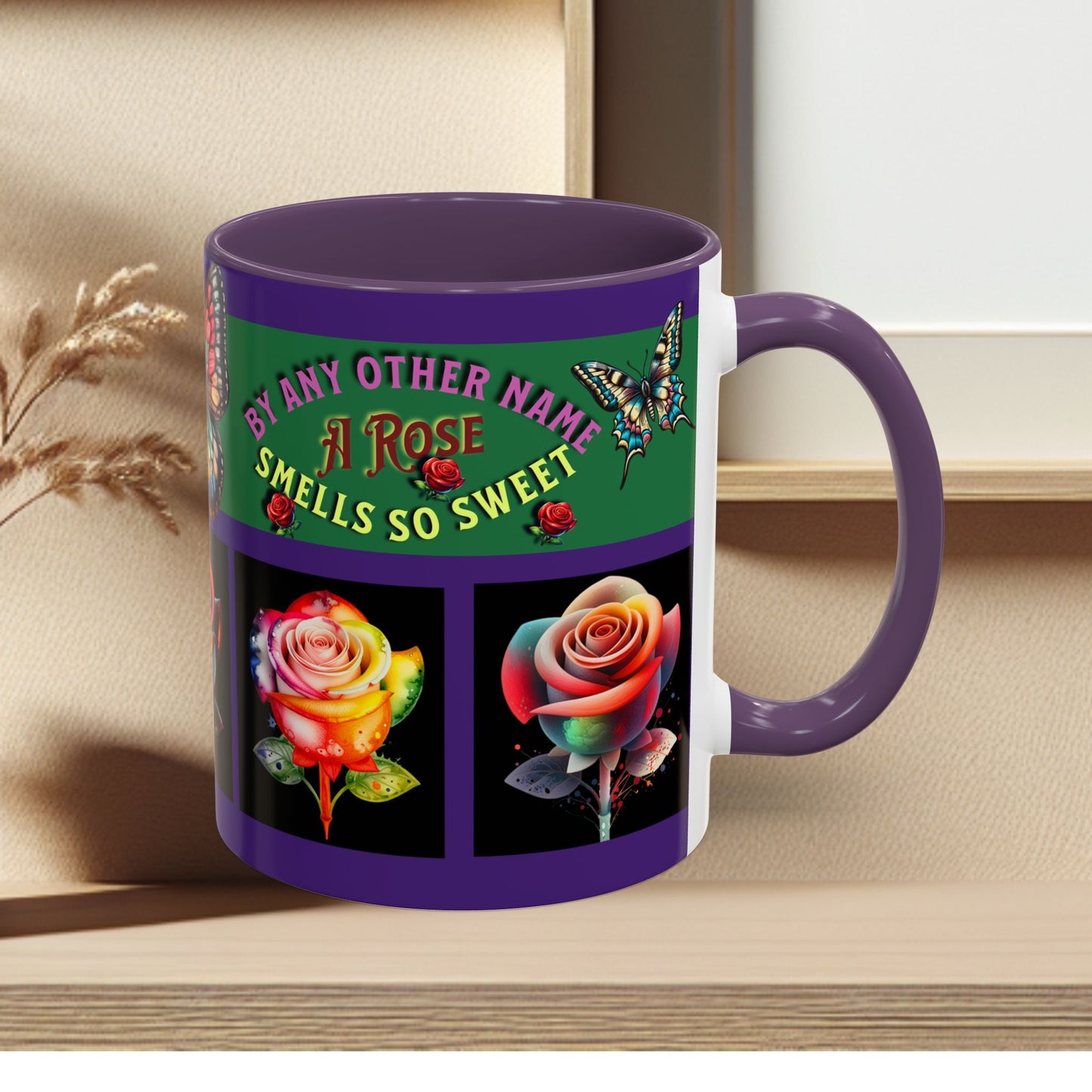 Purple Mug - Floral Butterfly Accent Coffee Mug - 'By Any Other Name A Rose Smells So Sweet'