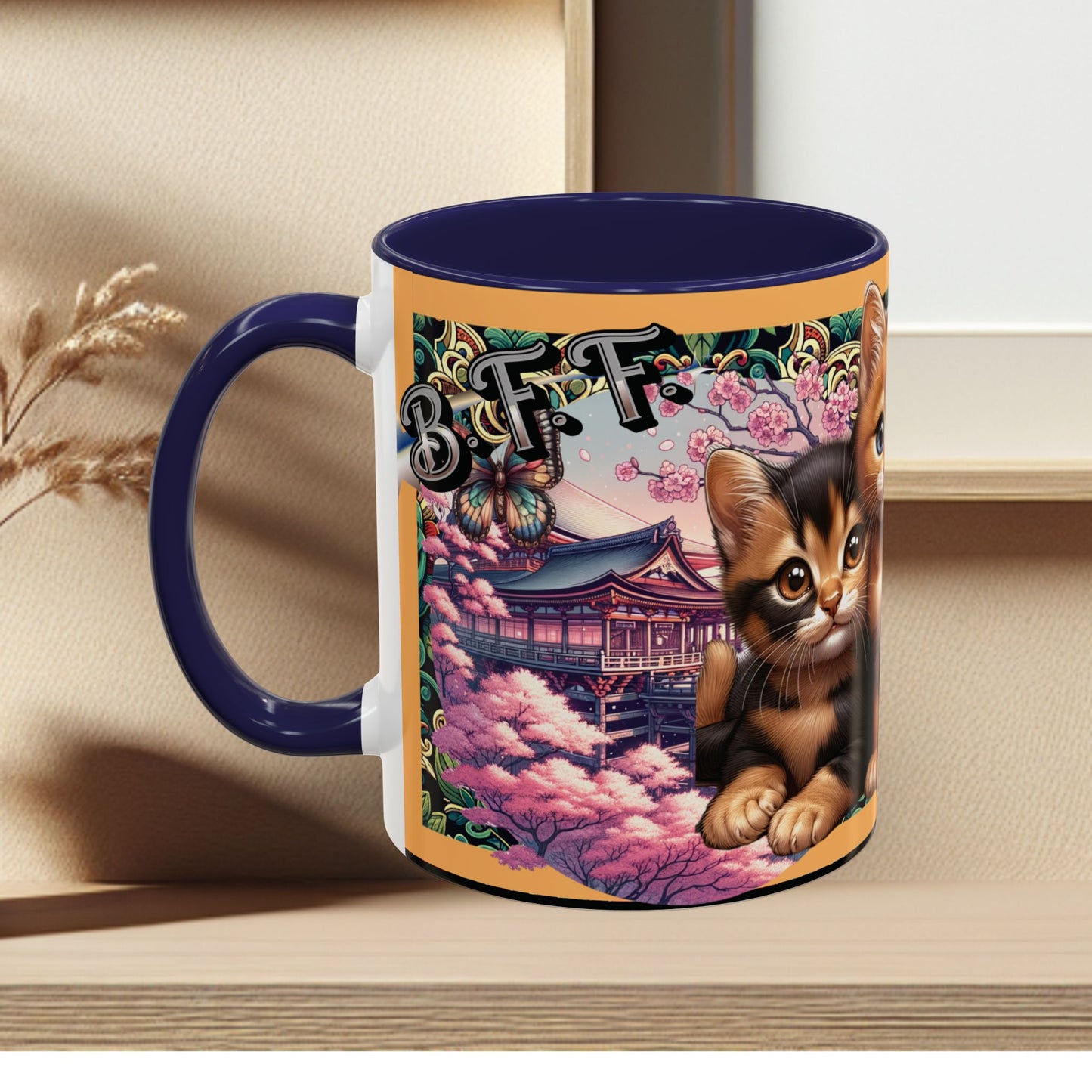 Mug - 3 B F F kittens and Butterflies Coffee Mug with Cherry Blossoms