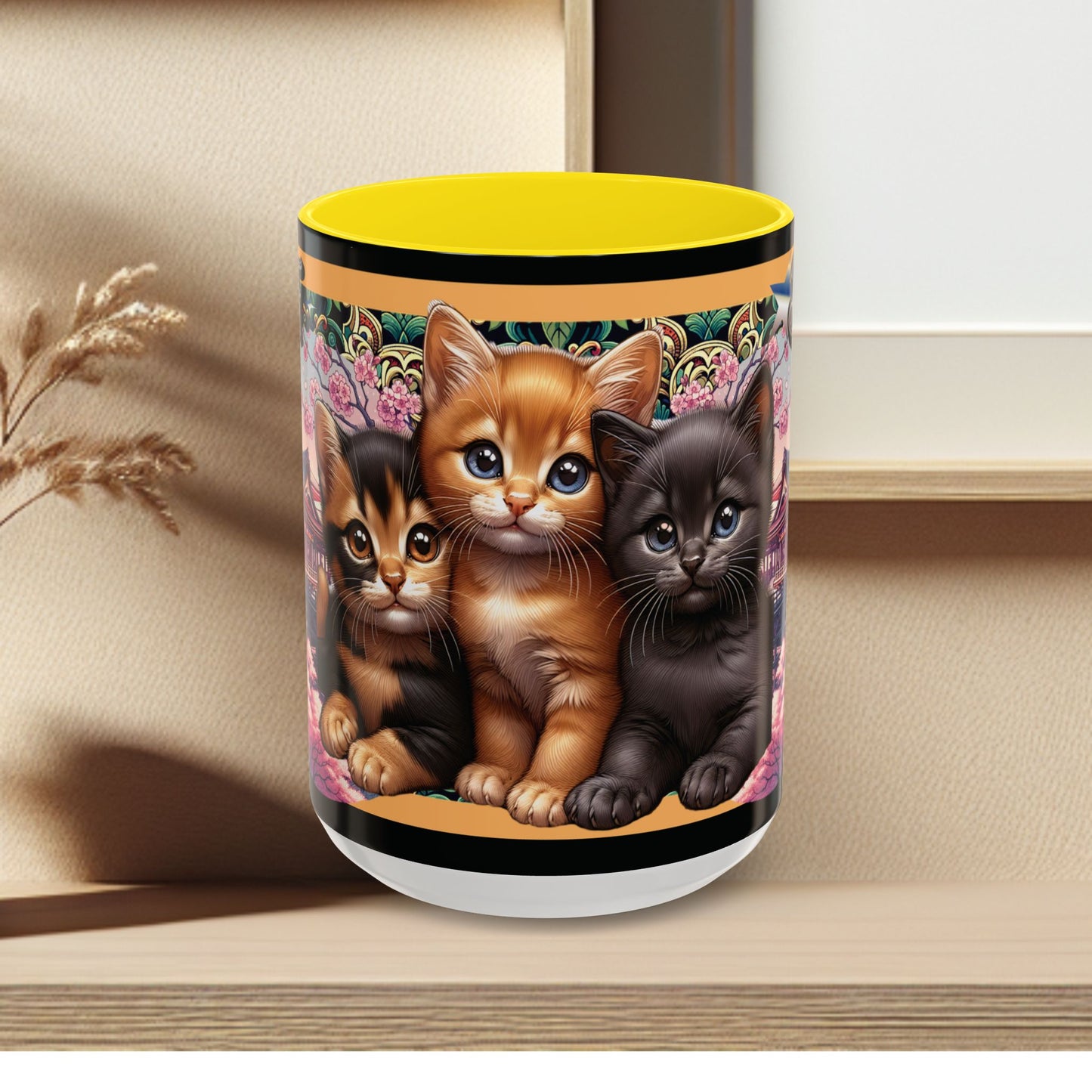 Mug - 3 B F F kittens and Butterflies Coffee Mug with Cherry Blossoms