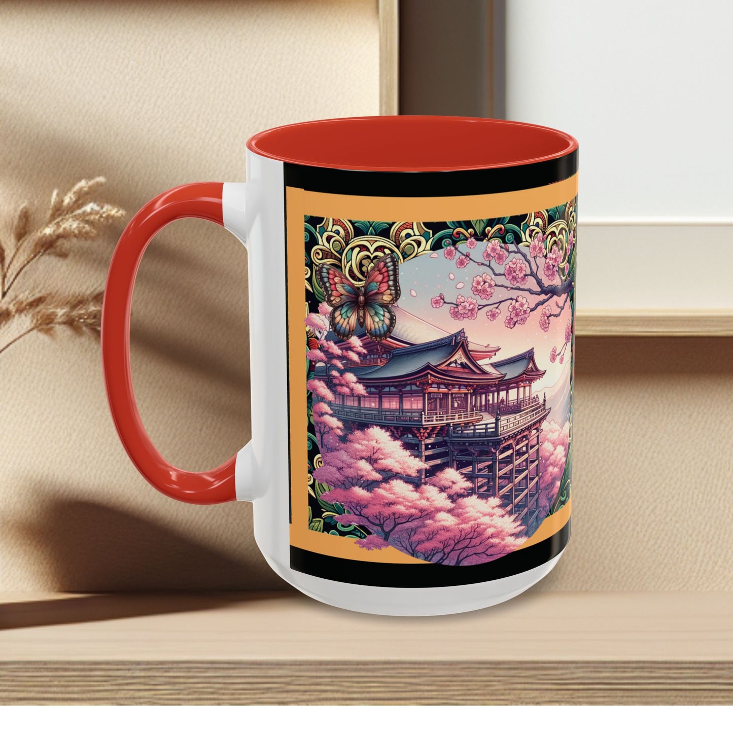Mug - Sakura Butterfly Coffee Mug with Cherry Blossoms and a Rose