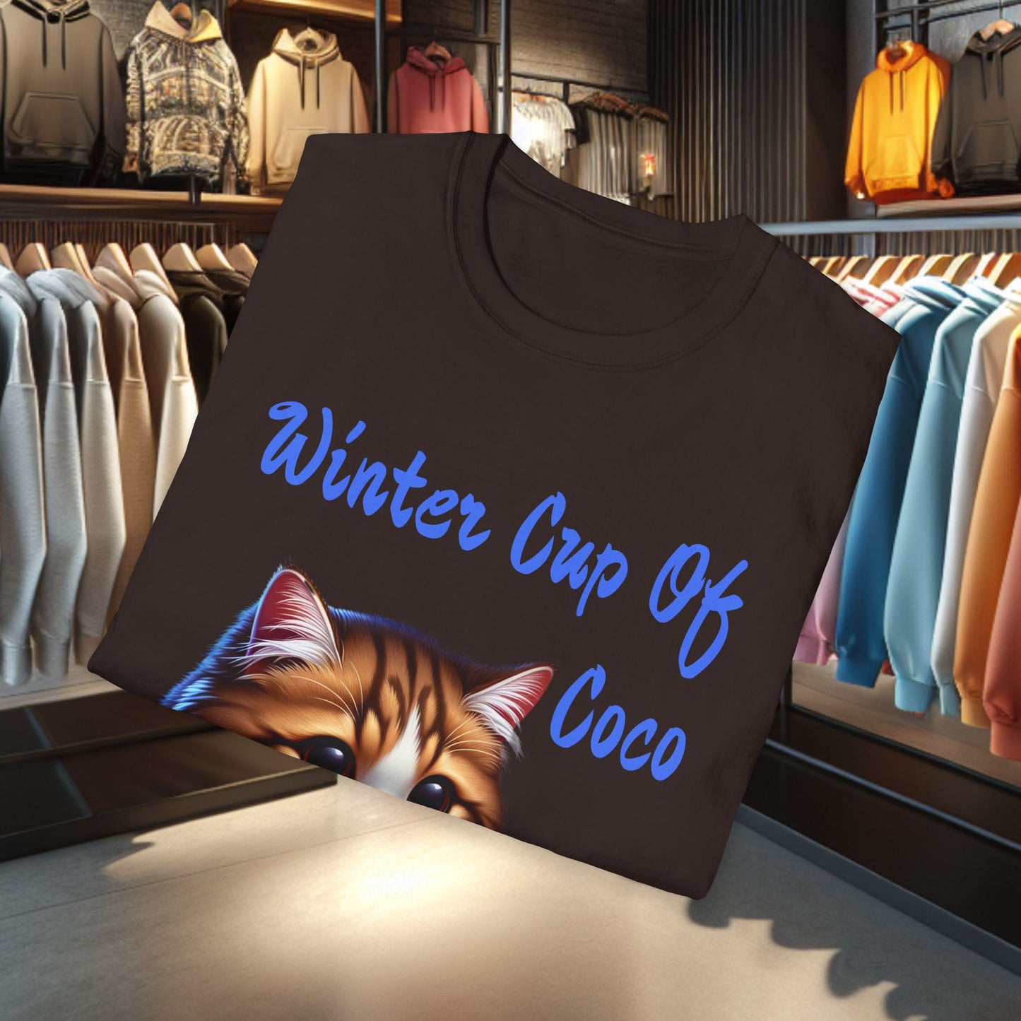 a Cat Sipping on a Cup Of Coco Unisex T-Shirt - Winter Coco