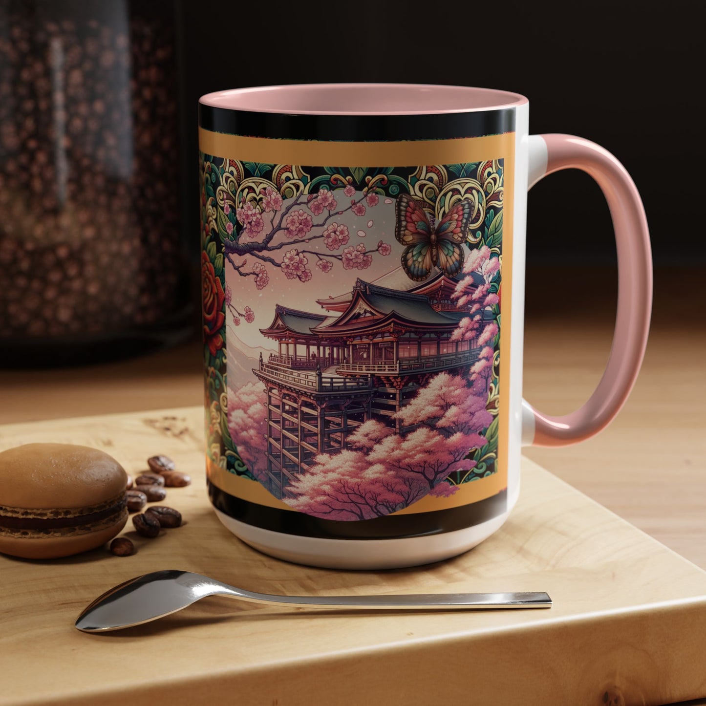 Mug - Sakura Butterfly Coffee Mug with Cherry Blossoms and a Rose