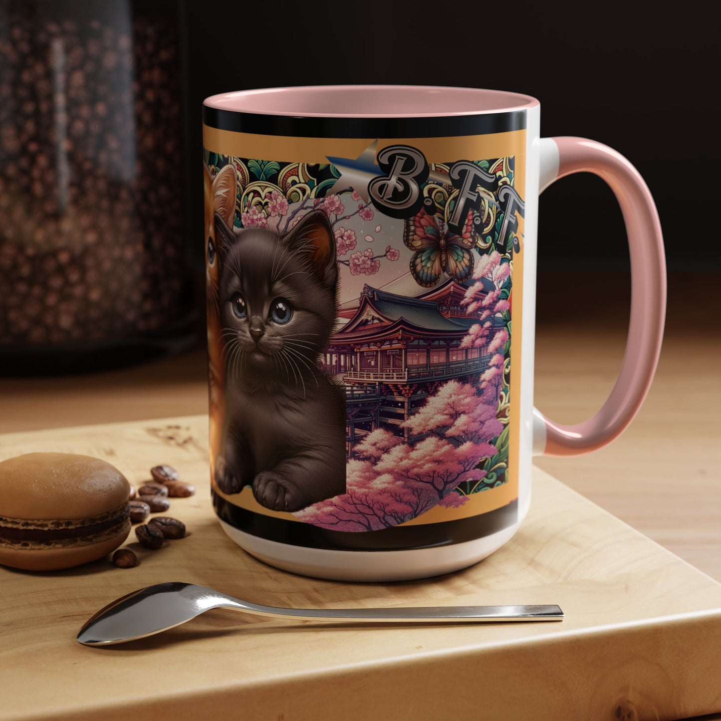 Mug - 3 B F F kittens and Butterflies Coffee Mug with Cherry Blossoms