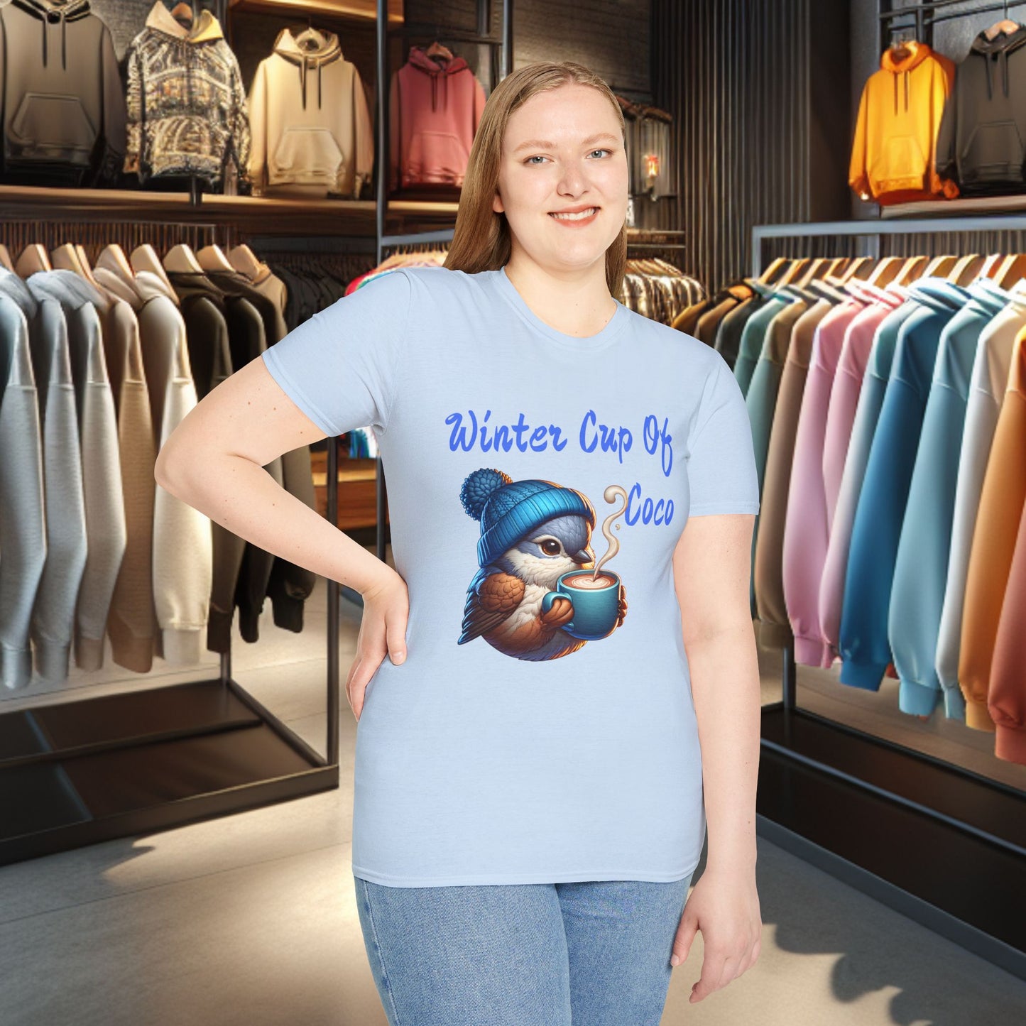 Blue Bird With a Cup Of Coco Unisex T-Shirt - Winter Coco