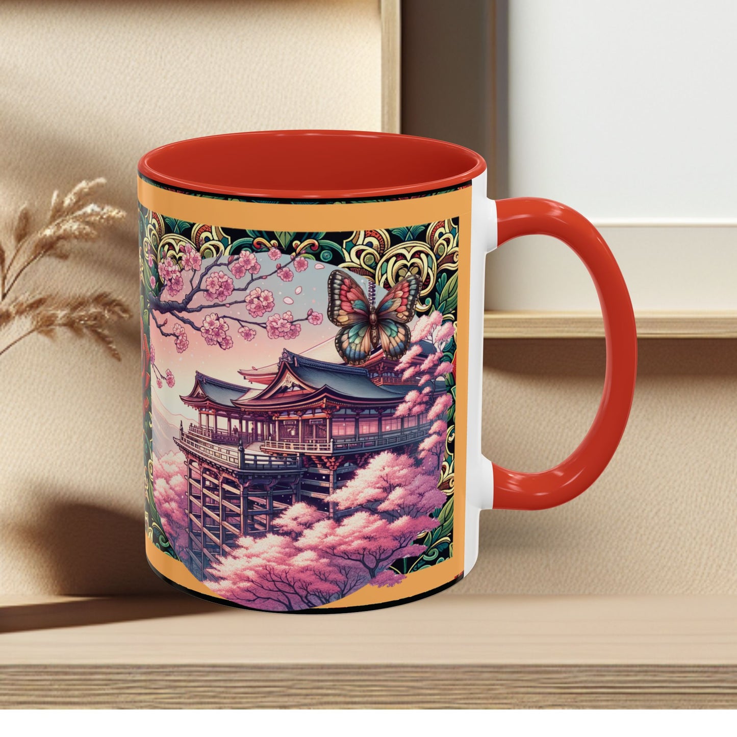 Mug - Sakura Butterfly Coffee Mug with Cherry Blossoms and a Rose