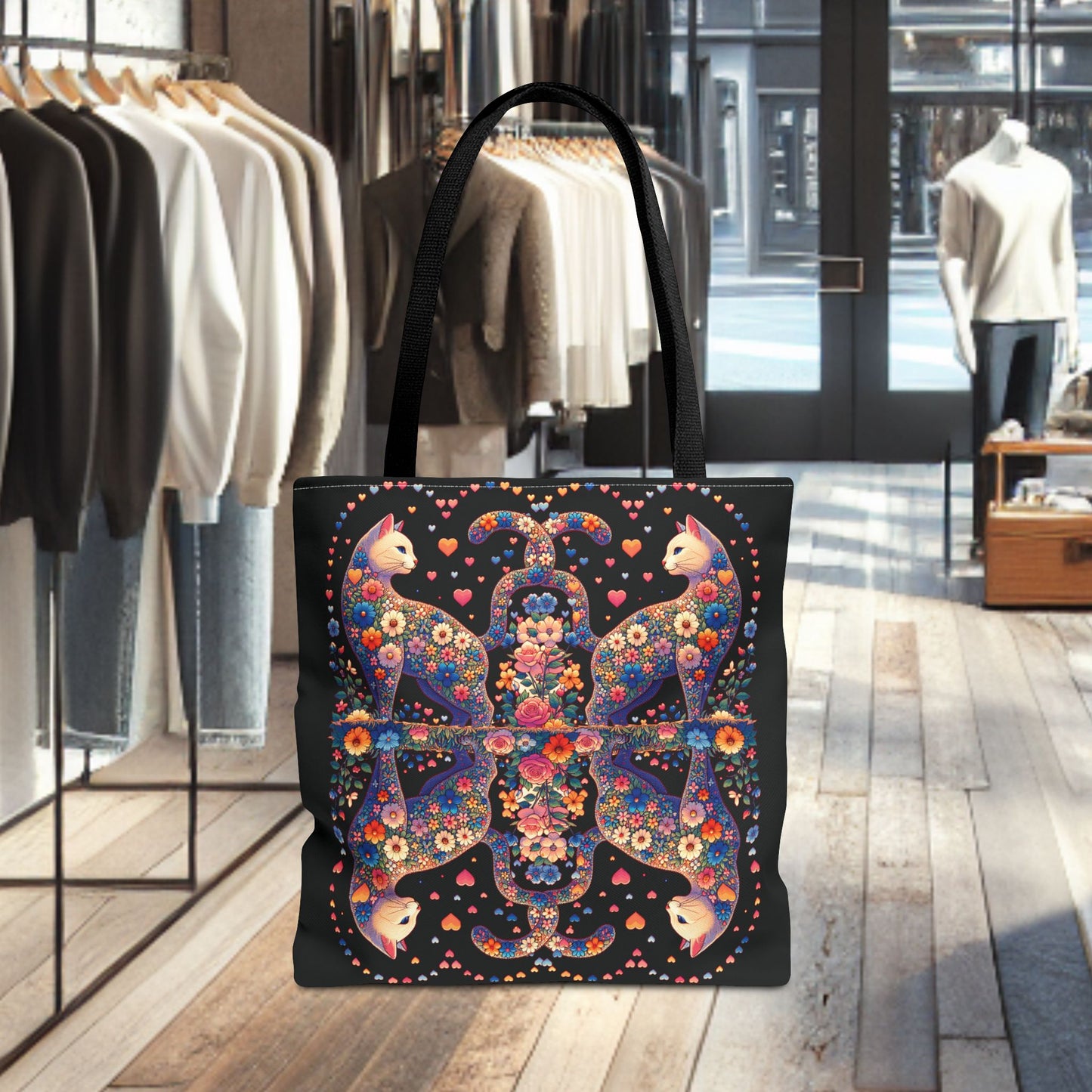 Mosaic Loving Cat Black Tote Bag (AOP)