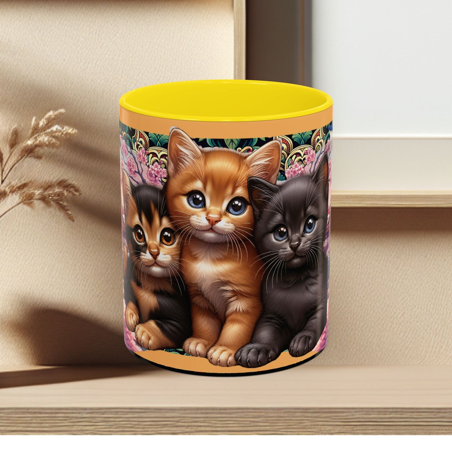 Mug - 3 B F F kittens and Butterflies Coffee Mug with Cherry Blossoms