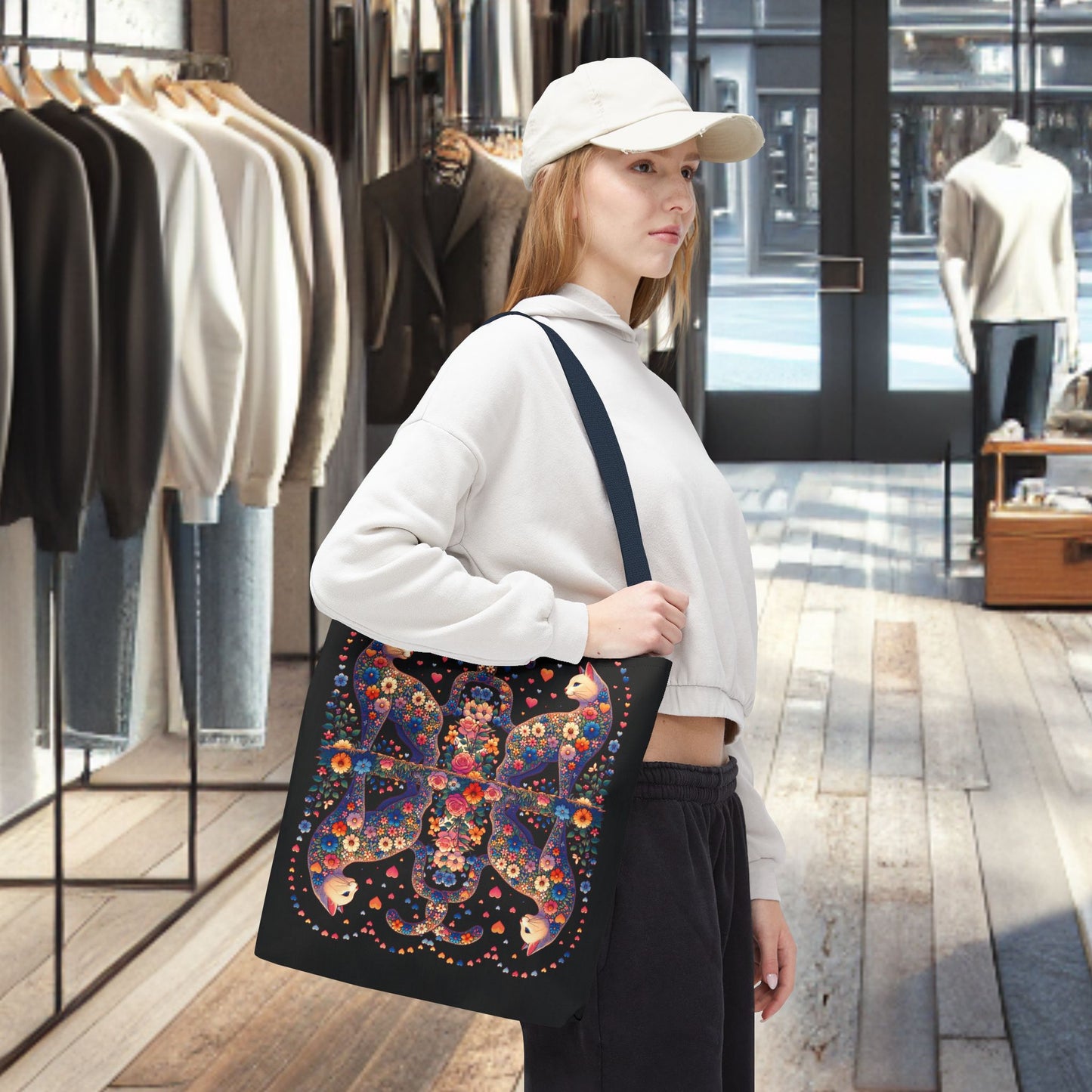 Mosaic Loving Cat Black Tote Bag (AOP)