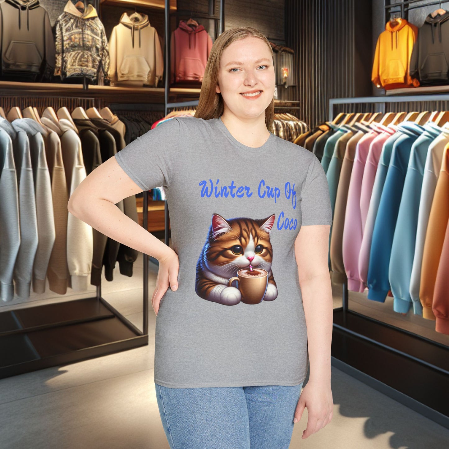 a Cat Sipping on a Cup Of Coco Unisex T-Shirt - Winter Coco