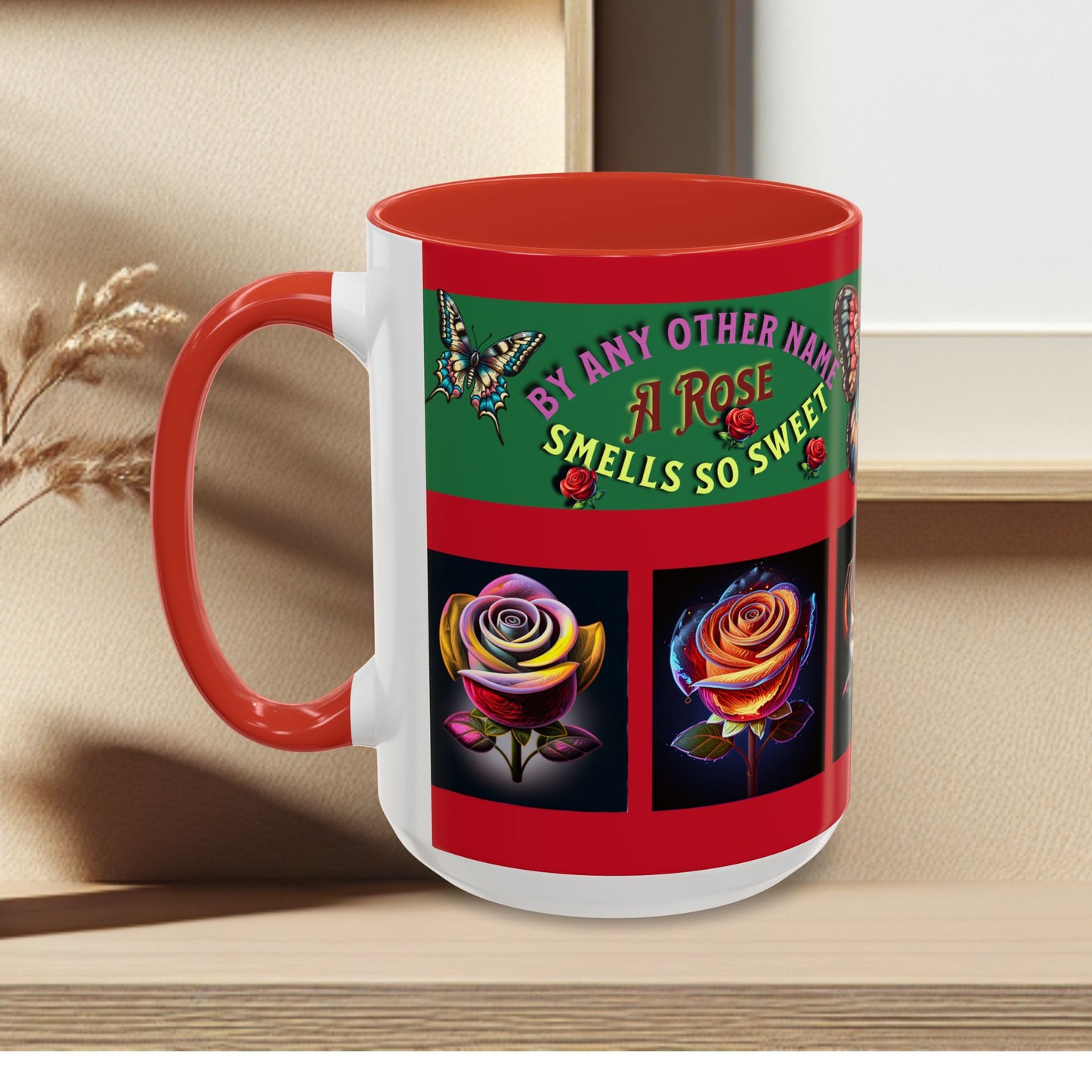 Red Mug - Floral Butterfly Accent Coffee Mug - 'By Any Other Name A Rose Smells So Sweet'
