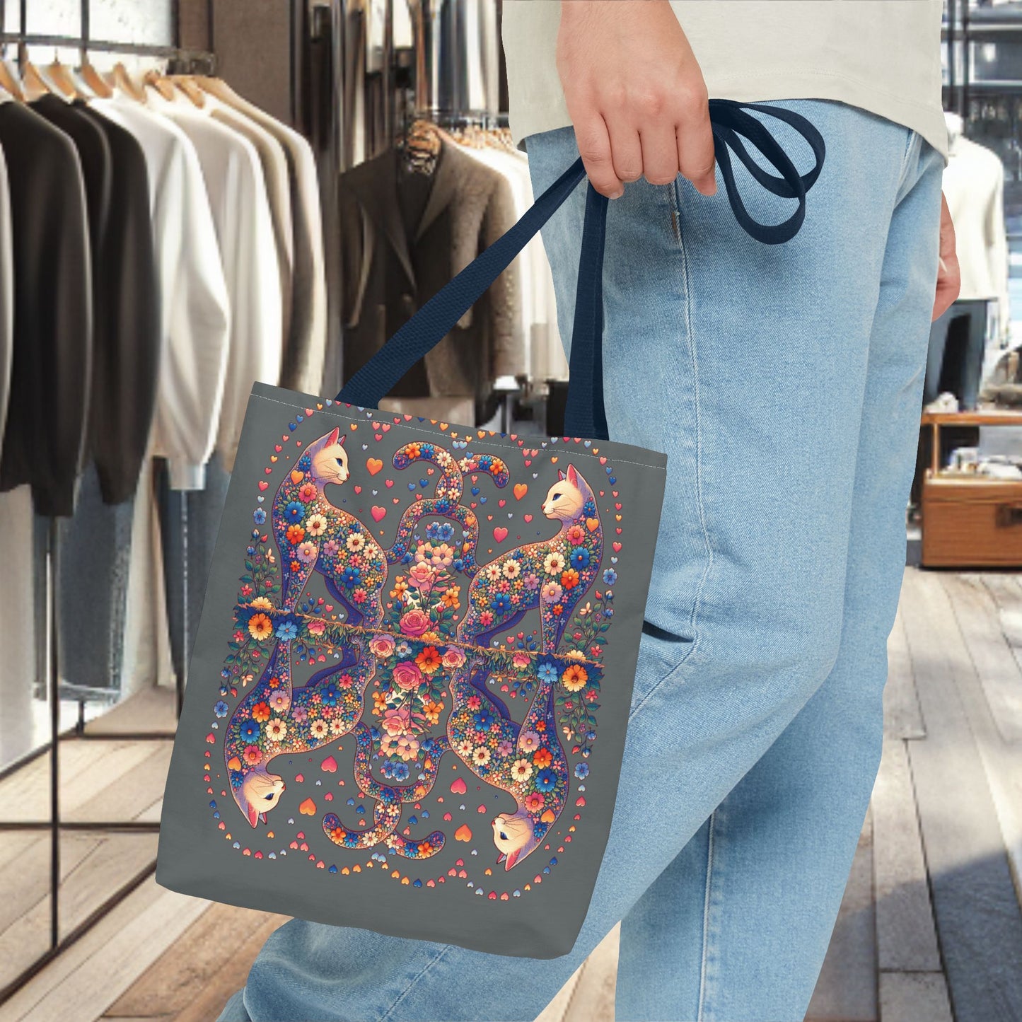 Mosaic Loving Cat Dark Gray Tote Bag (AOP)