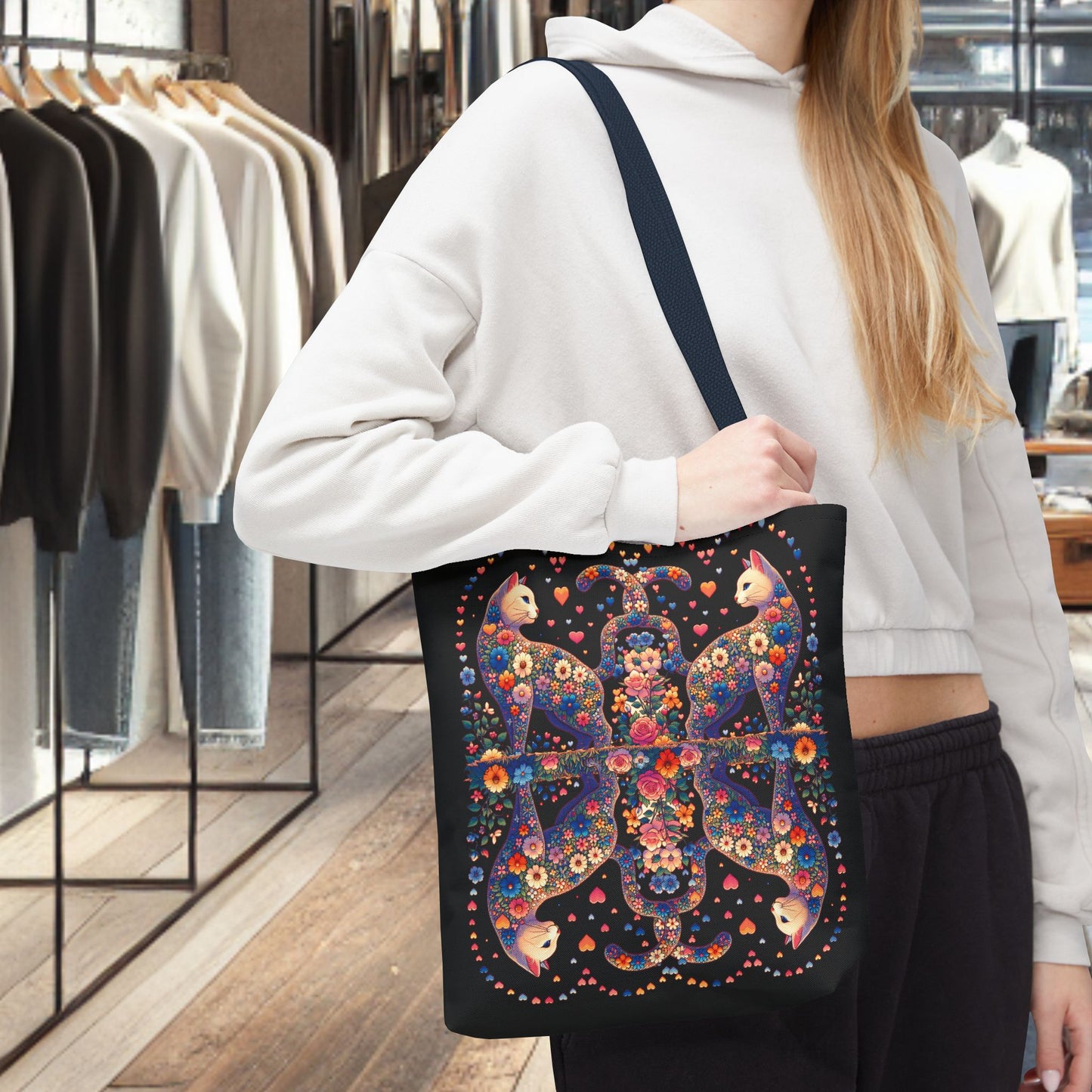 Mosaic Loving Cat Black Tote Bag (AOP)