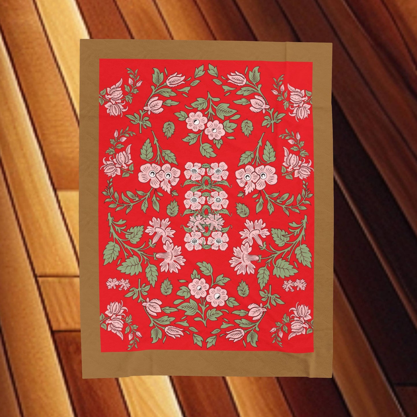 Floral Velveteen Plush Blanket - Pink Flowers Red Background