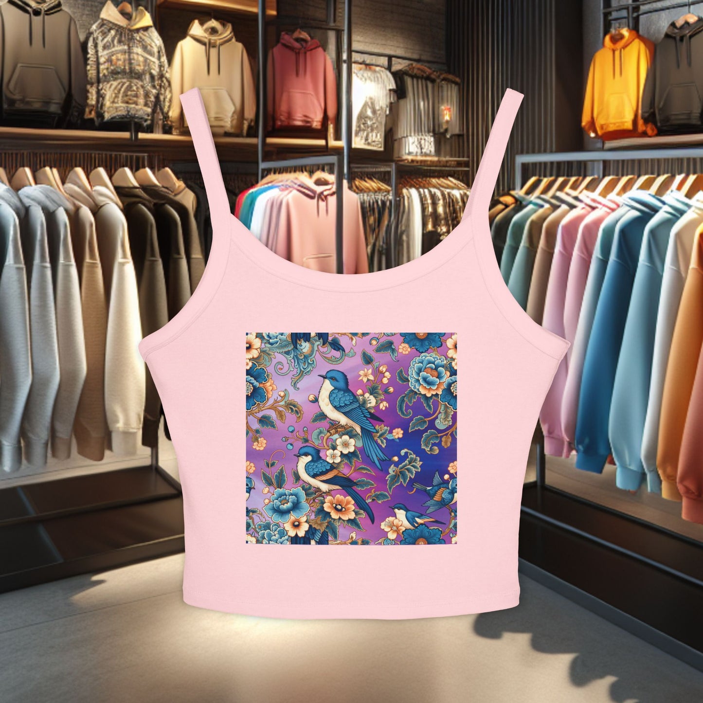 Tank Top Blue Birds in a Flower Garden Women's Spaghetti Strap